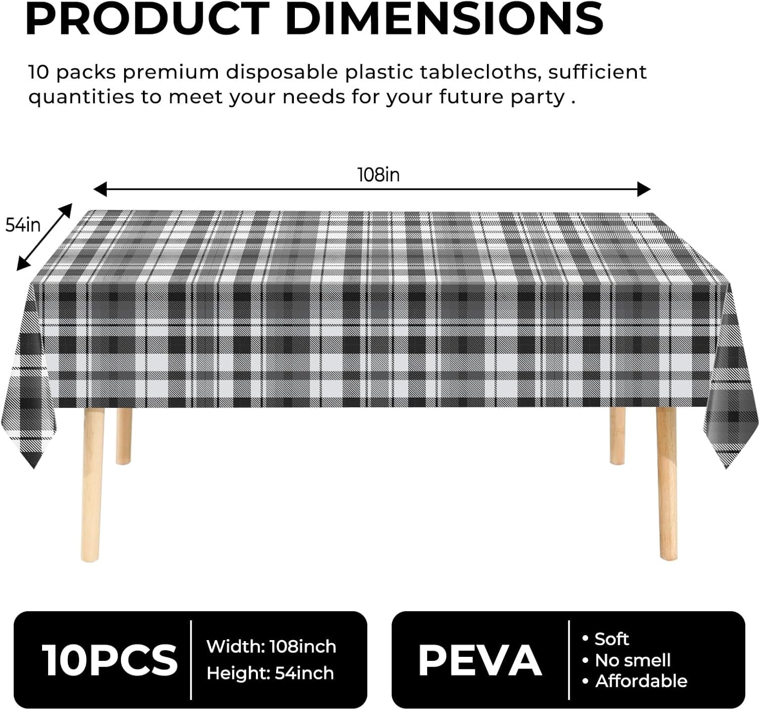 10 Pack Premium Disposable Plastic Tablecloth 54" X 108" Rectangle Table Cover for Birthdays Weddings Christmas Anniversary Buffet Table (Checkered- Black)