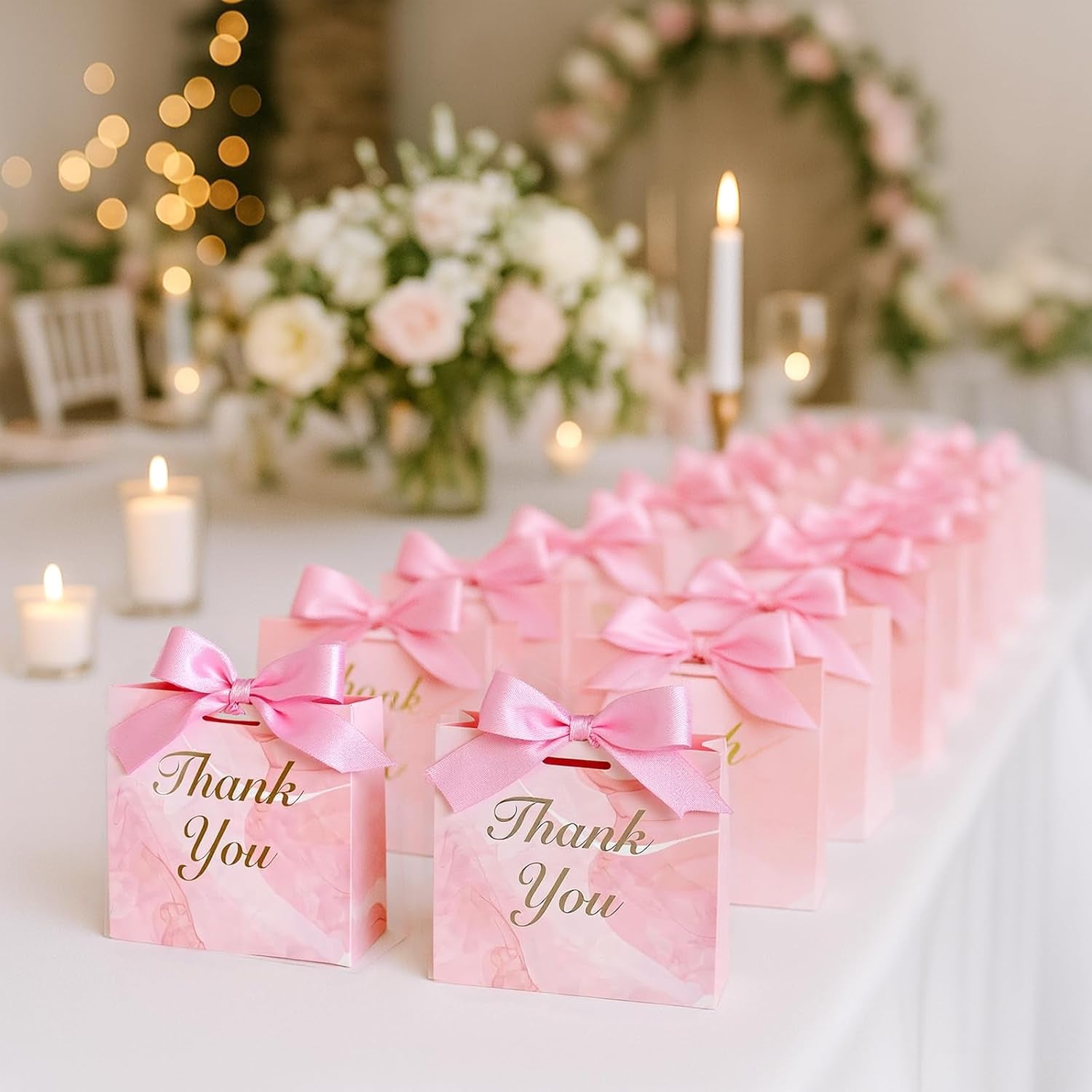 24PCS Thank You Gift Bags, 4.5X3.9X1.8Inches Mini Party Favor Bags Pink Treat Boxes with Bow Ribbon for Wedding Bridal Baby Shower Birthday Party