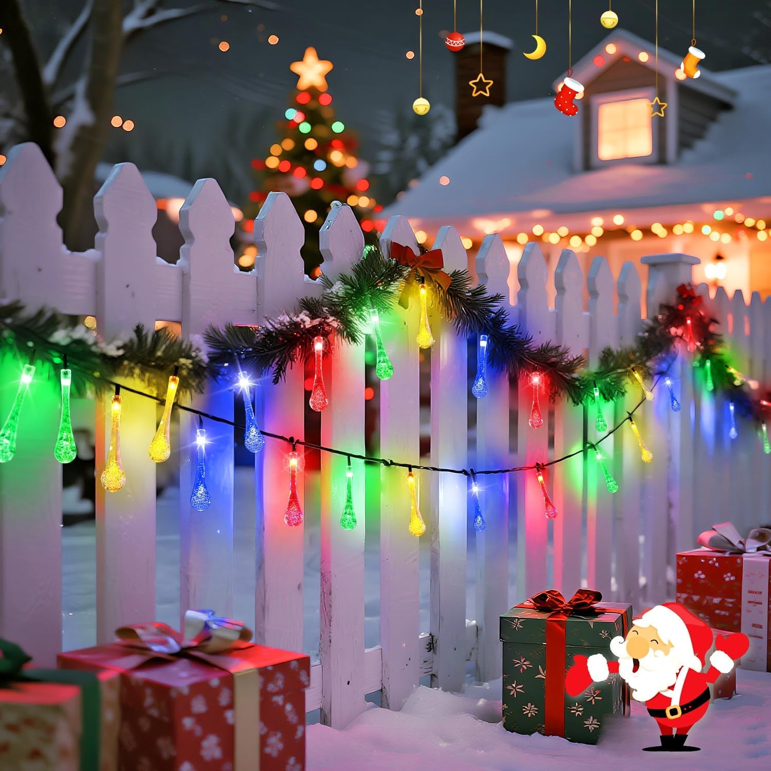 2 Pack Solar String Lights Outdoor Waterproof, Total 41.6FT 60 LED Teardrop Water Drop Solar Light, Multi Colored Christmas Lights for Garden Patio Yard Tree Party Christmas Decorations