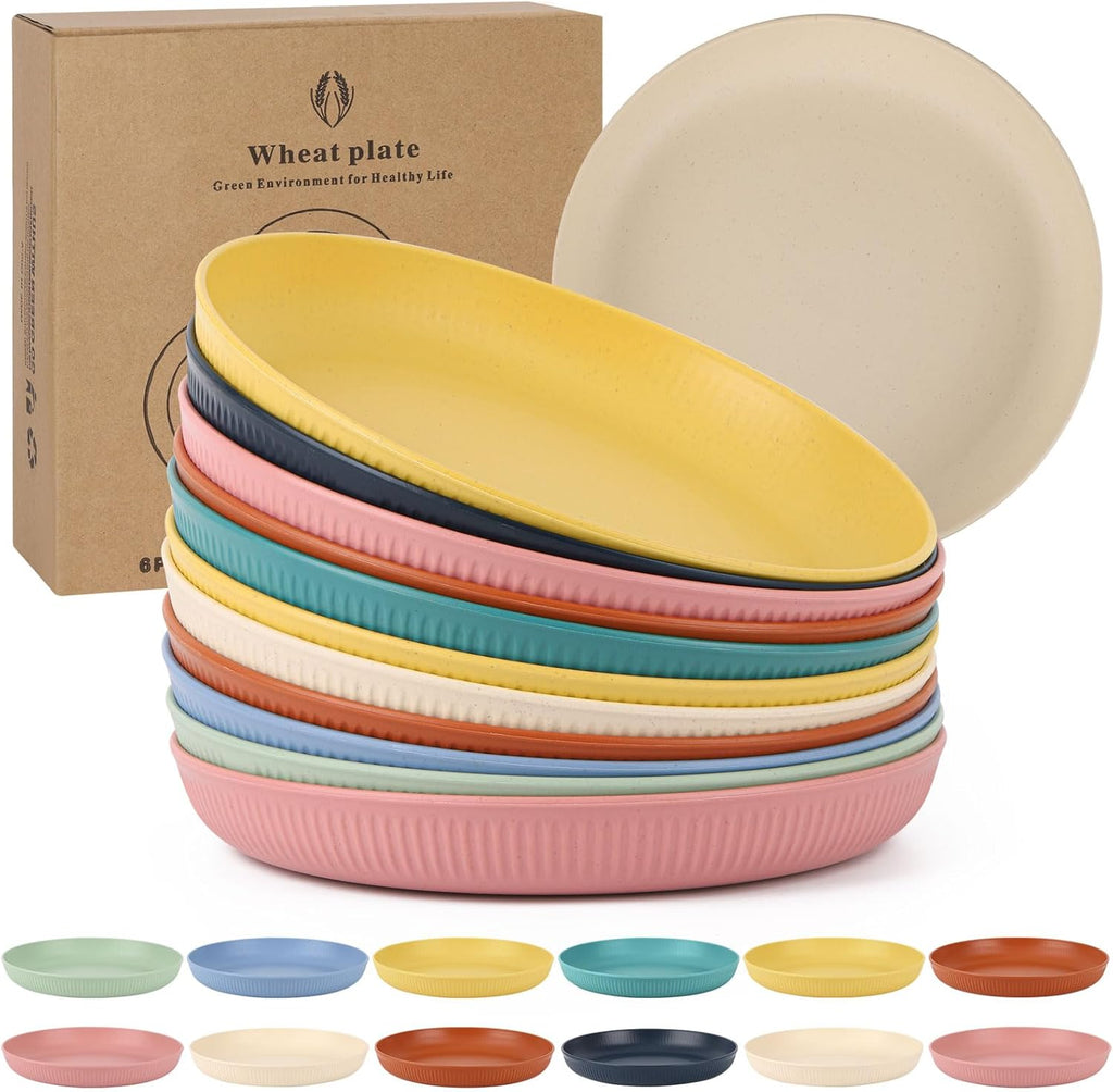 12 PCS Plastic Wheat Straw Plates, 9 Inch Unbreakable Kids Plate Deep Dinner Plates- Microwave and Dishwasher Safe Plate for RV, Traveling, Camper, Picnics, 8 Colors