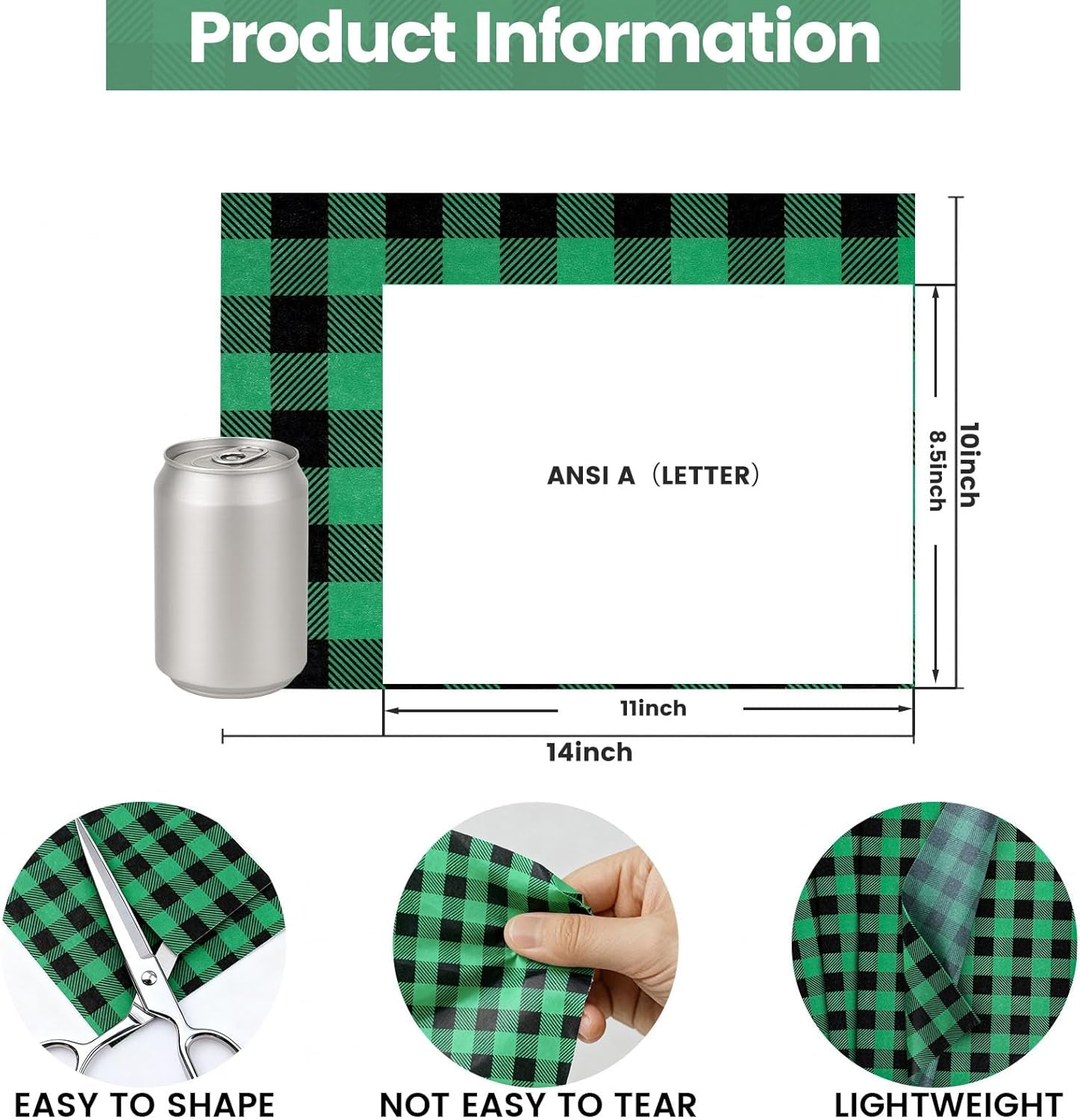 100 Sheets Christmas Tissue Paper, 10"X14" Green and Black Wrapping Paper for Christmas DIY Crafts Birthday Decorations