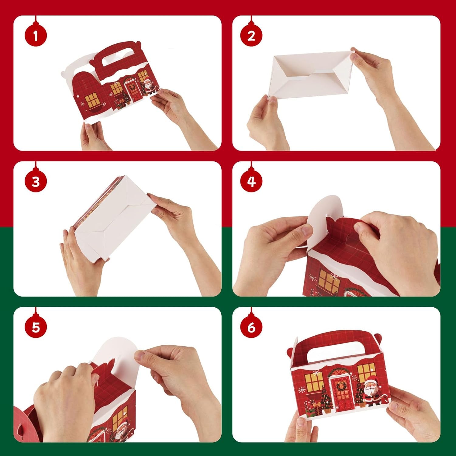 16PCS Christmas Treat Boxes, 3D Xmas Gift Boxes with Vibrant Print Cardboard Colorful Goodie Boxes with Handles for Gift Giving Christmas Holiday 6.1 X 3.4 X 3.5 Inch