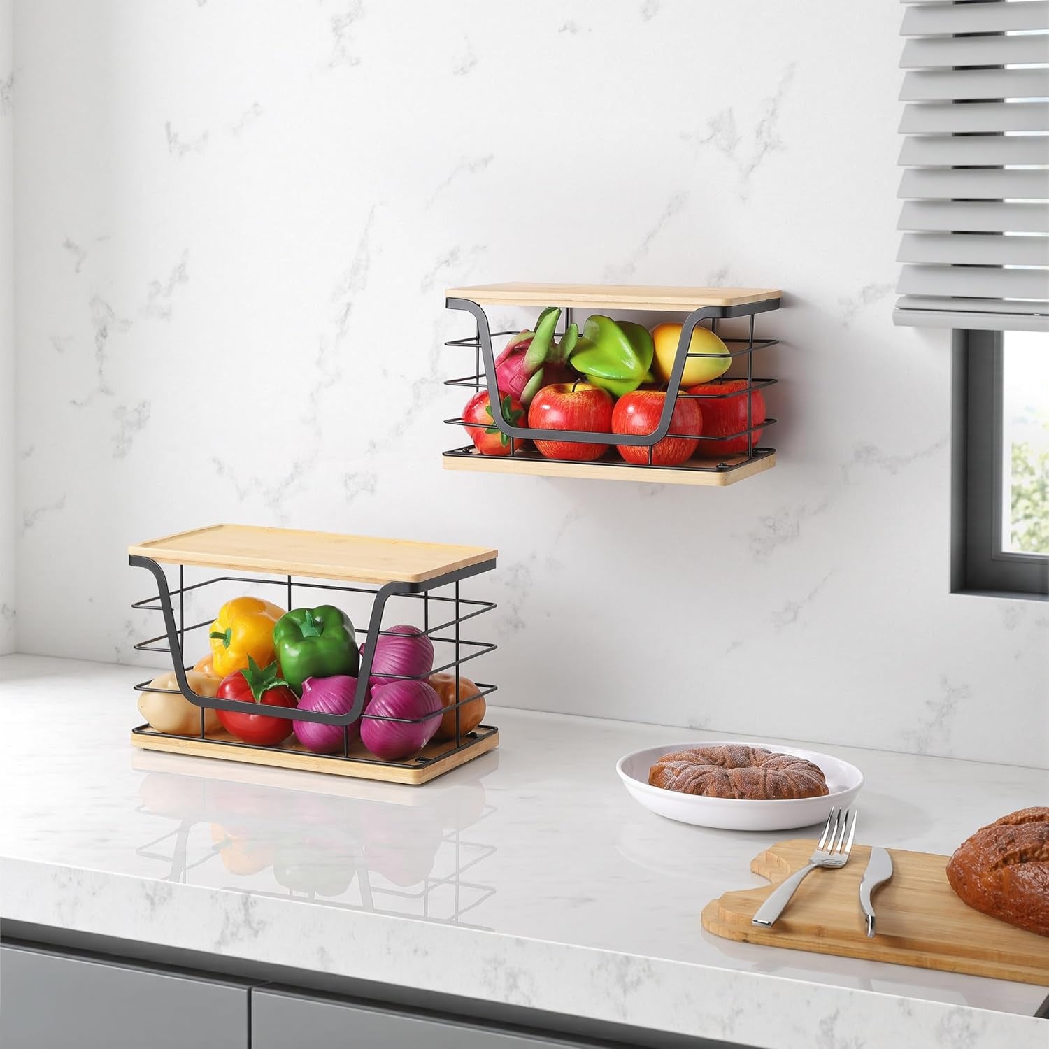 2 Pack Large Garbage Bag Dispenser for 13/30/33 Gallon Bags, Potato and Onion Storage Baskets with Bamboo Lid, Stainless Steel Stackable Storage Bins for Kitchen Laundry Pantry Room