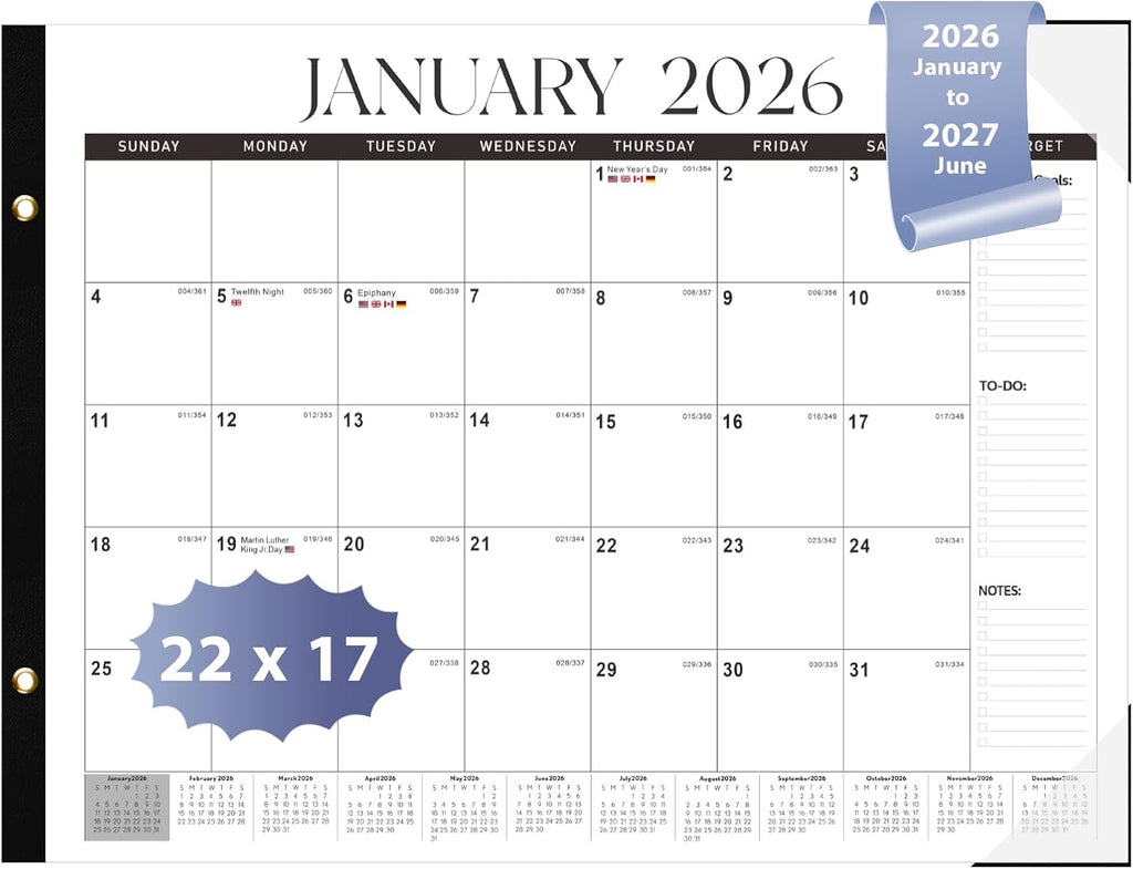 2026 Desk Calendar, Large Desk Calendar 22" X 17" (Jan 2026 - Jun 2027) Monthly Desktop Wall Planner for Family Teacher School Office Supplies, Black-White