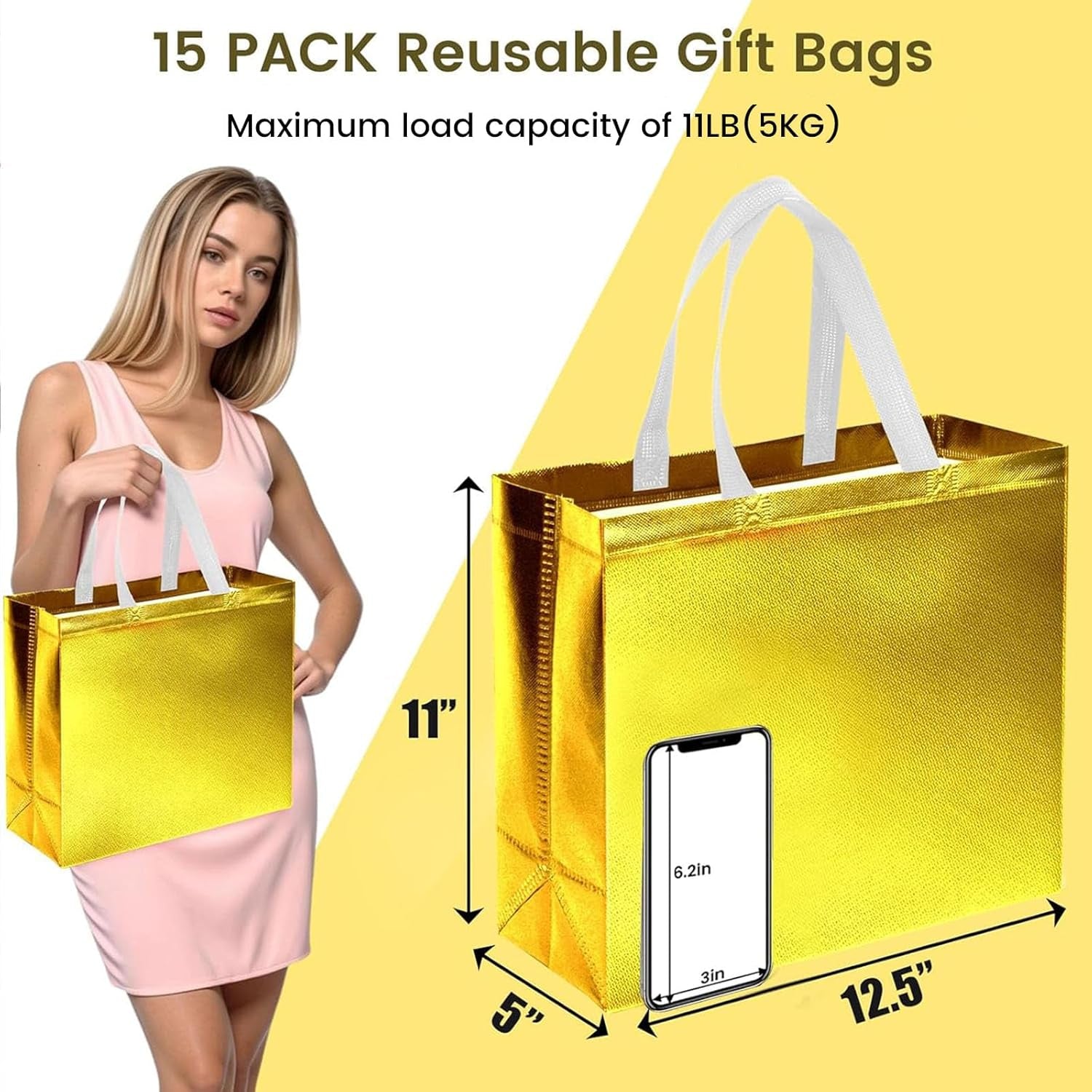 15PCS Reusable Gift Bags with Handles, 12.6 X 5 X 11, Gold, Bulk, Large Party Favor Bags for Birthday, Wedding