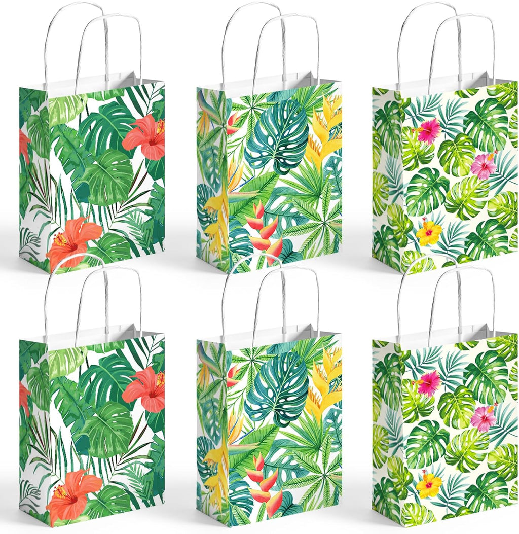 24 Pack Party Favor Bags with Handles, 5.5" X 2.8" X 8" Hawaii Luau Goodie Treat Bags for Aloha Festival Beach Theme Birthdays Pool Parties Bulk Gift Packaging Supplies