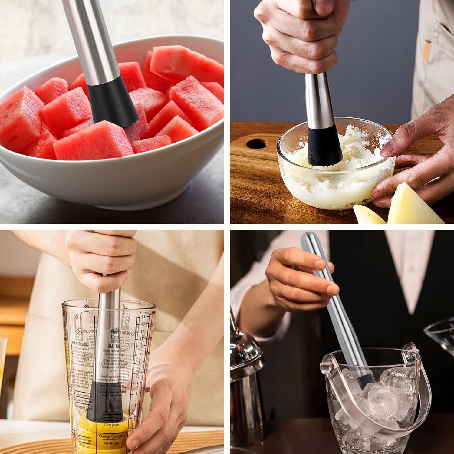 10" & 8" Cocktail Muddlers, Stainless Steel Muddler with 3 Pcs 10 Inch Mixing Spoon for Lemonade Mojitos Fruit Drinks