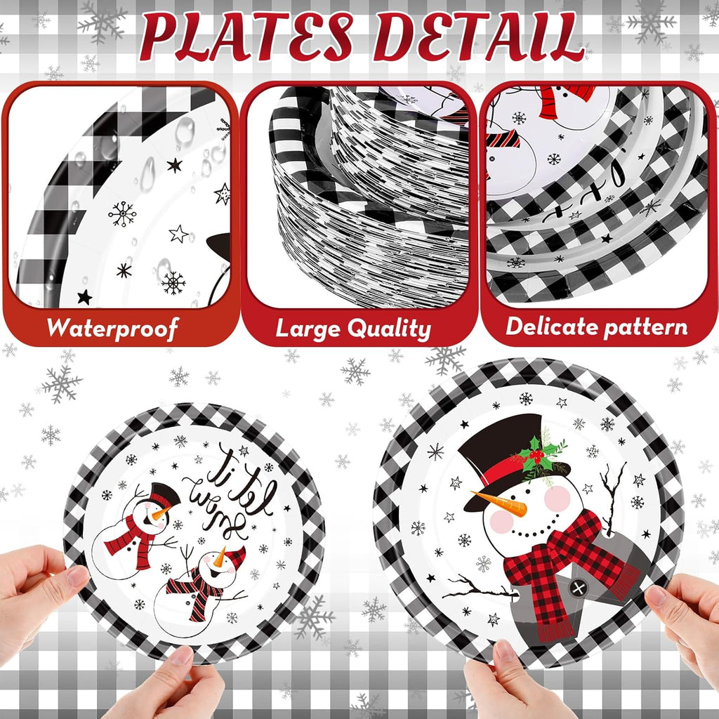 100 Pack Christmas Paper Plates 9" & 7" Snowman Winter Gingham Disposable Dessert Plates for Holiday Xmas Party Supplies(Round,Red and White)