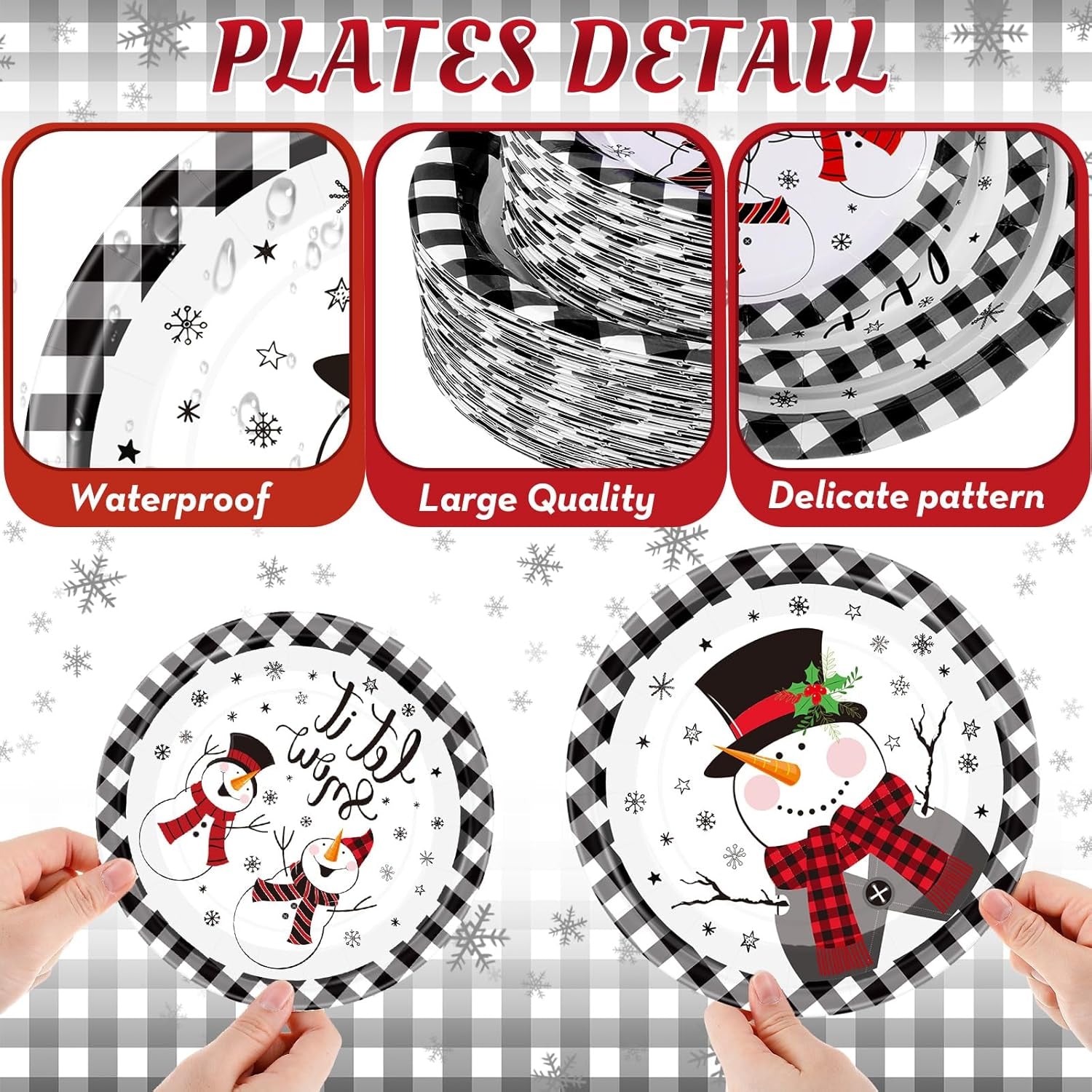 100 Pack Christmas Paper Plates 9" & 7" Snowman Winter Gingham Disposable Dessert Plates for Holiday Xmas Party Supplies(Round,Red and White)