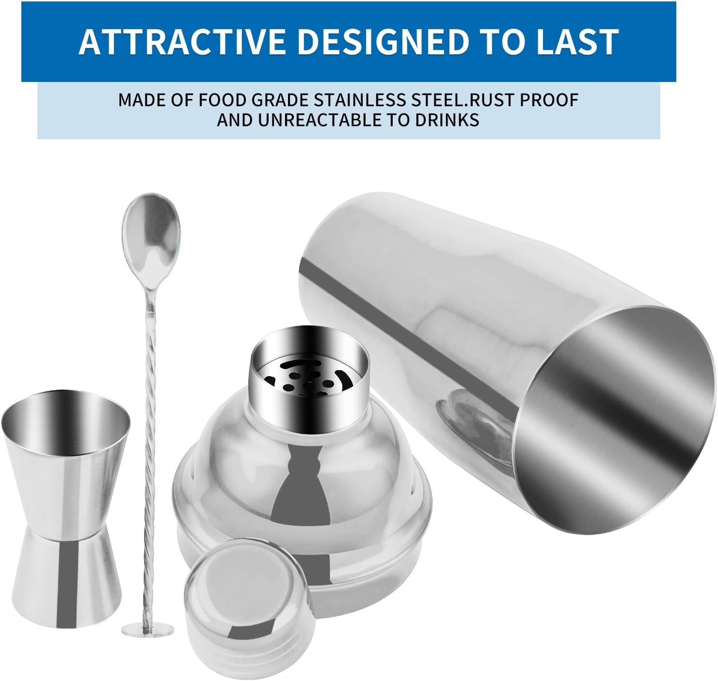 24Oz Cocktail Shaker Bar Set, Martini Shaker with Built-In Strainer, Measuring Jigger, Mixing Spoon, Professional Stainless Steel Large Bartender Drink Shaker Margarita Alcohol Mixer-Silver