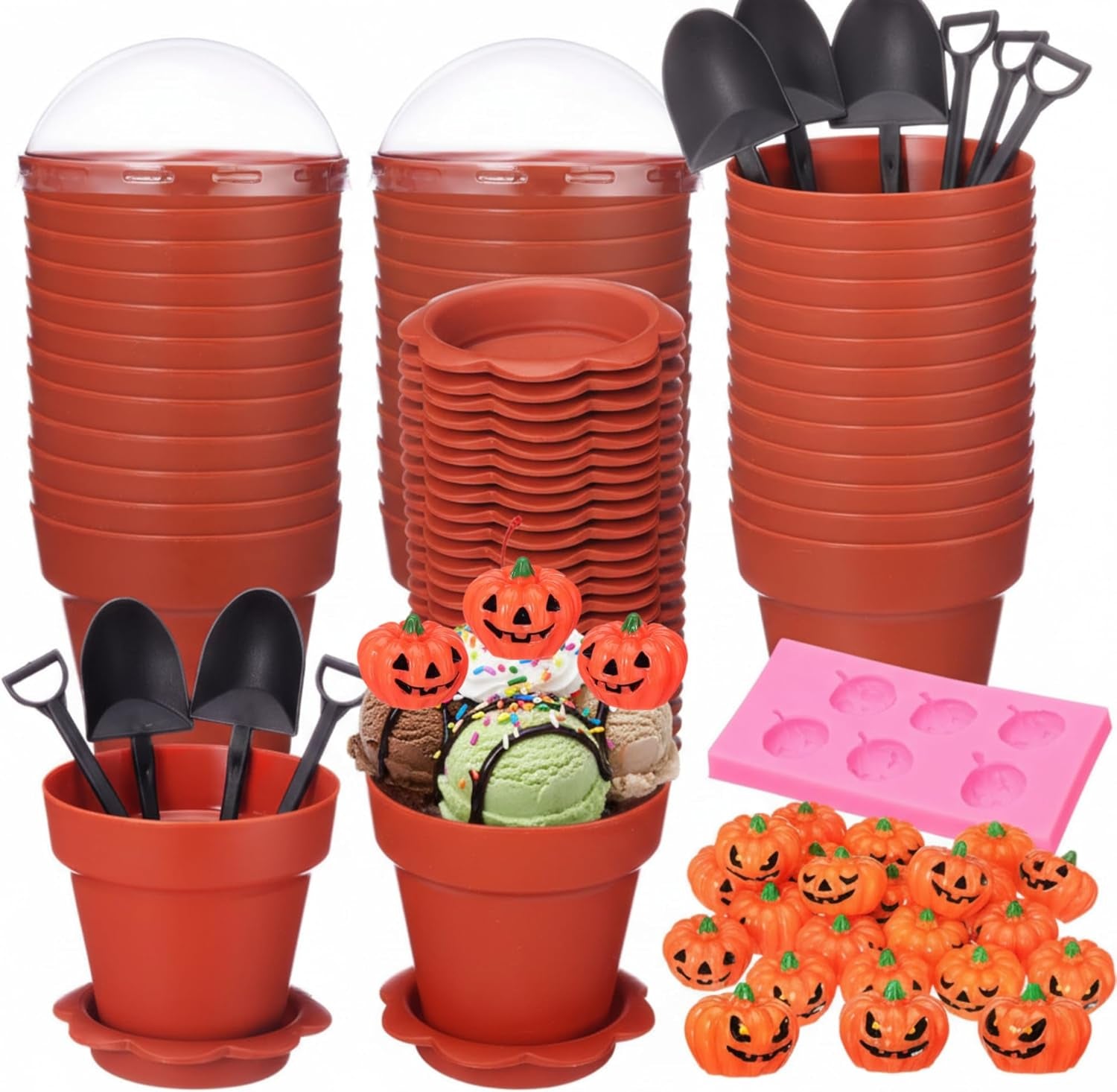 24 Pack Halloween Flowerpot Dessert Cup with Lids and Shovel Spoon Bottom Tray Halloween Cake Decoration Mold Small Flowerpot Cups Dessert Ice Cream Holder for Party DIY Supplies(Pumkin)