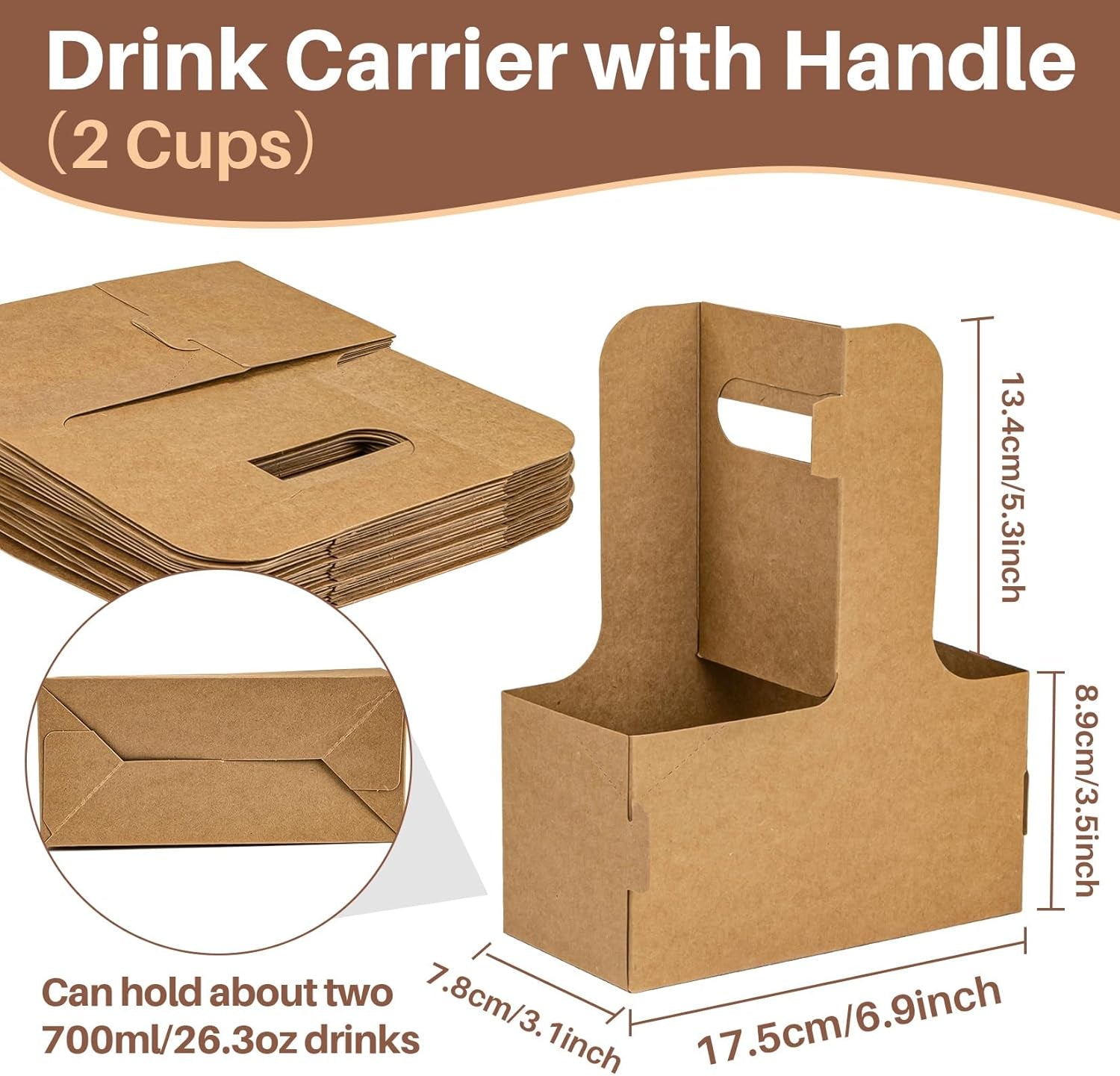 2 Cup Drink Carrier with Handle - 50Pcs Disposable Cardboard Coffee Cup Holder Portable Foldable Tray Drink Caddy Cup Carriers to Go Cup Holder Food Delivery Accessories for Hot/Cold Drinks