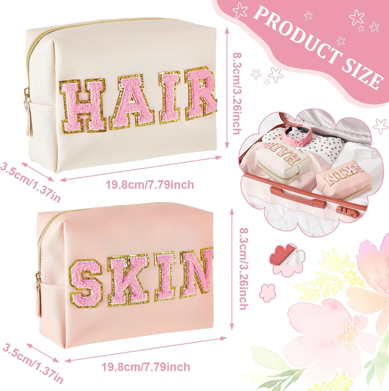 2 Pcs Preppy Makeup Bags Chenille Letter Patch Bag Face Skin Hair Stuff Aesthetic Cosmetic Bag Travel Zipper Pouch Makeup Organizer Graduation Gift for Girls (White, Pink,Hair, Skin)