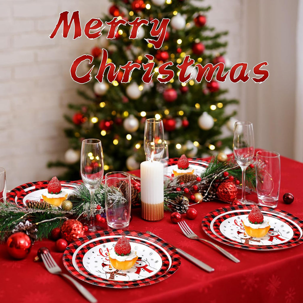 100 Pack Christmas Paper Plates 9" & 7" Snowman Winter Gingham Disposable Dessert Plates for Holiday Xmas Party Supplies(Round,Black and White)