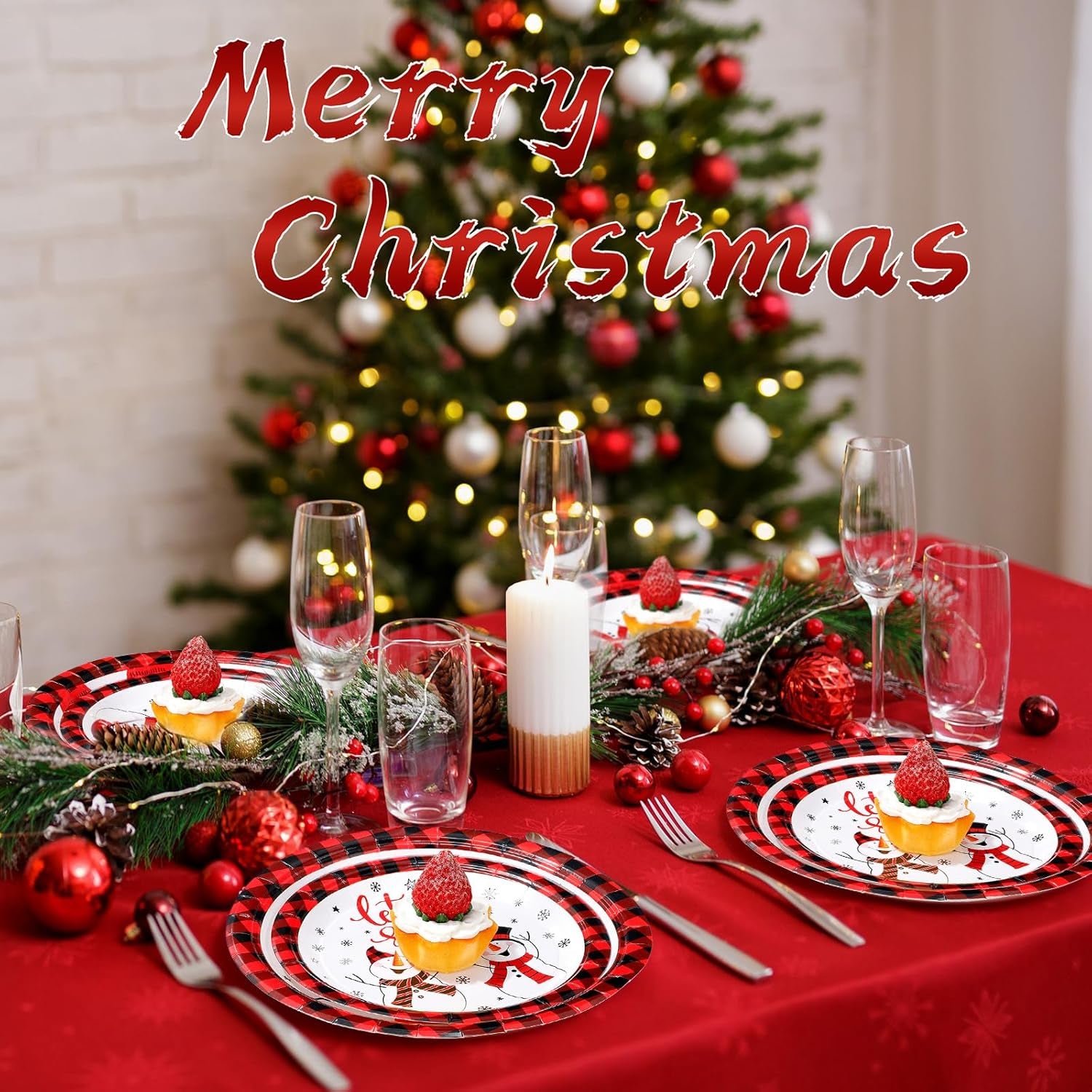 100 Pack Christmas Paper Plates 9" & 7" Snowman Winter Gingham Disposable Dessert Plates for Holiday Xmas Party Supplies(Round,Black and White)