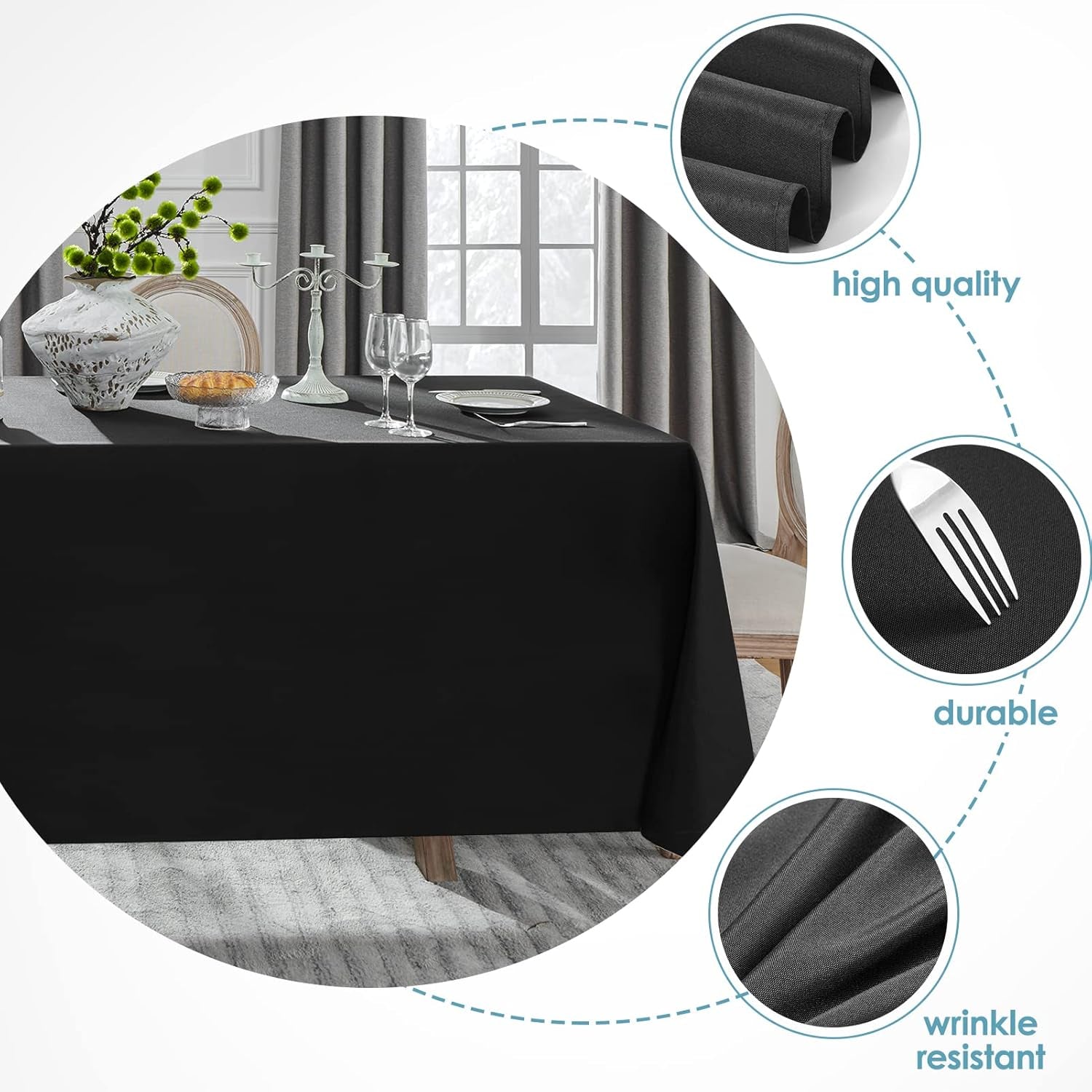 1 Pack Tablecloth 90 * 132Inch Rectangle Table Cloth Polyester, Stain Wrinkle Resistant Polyester Dining Table Cover for Kitchen Dinning Party Wedding Tabletop Buffet Decoration(Black)