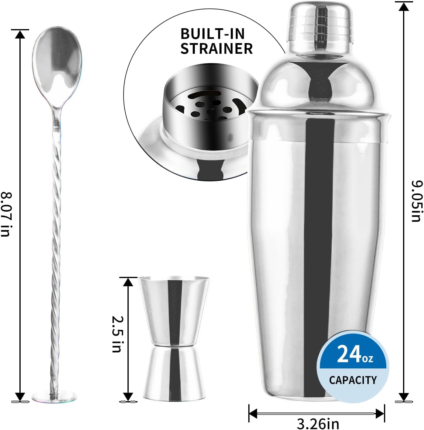 24Oz Cocktail Shaker Bar Set, Martini Shaker with Built-In Strainer, Measuring Jigger, Mixing Spoon, Professional Stainless Steel Large Bartender Drink Shaker Margarita Alcohol Mixer-Silver