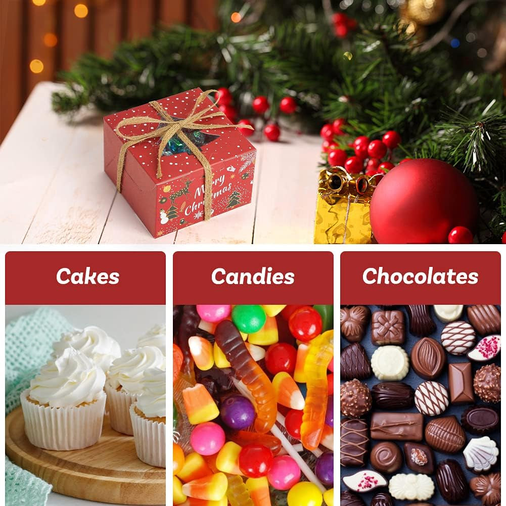 14PCS Small Christmas Cookie Boxes, 4"X 4"X 2.5" Christmas Bakery Boxes with Window, Single Cupcake Carrier with Window Insert Pastry Containers Muffins for Bakery Supplies