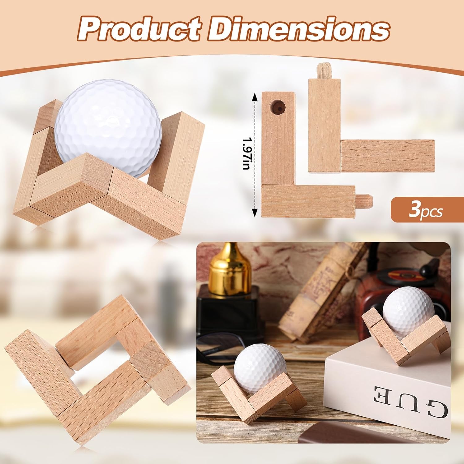 3 Pcs Golf Ball Display Stand 1.97 Inch Wooden Golfball Display Case Baseball Rack Holder for Souvenir Collections Tabletop Decor Men Golf Enthusiasts
