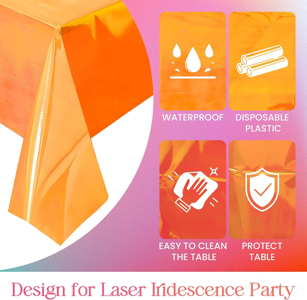 2 Pieces Orange Iridescence Tablecloth - 40 X 108“ Disposable Shiny Laser Table Cloth - Glitter Plastic Tablecloths - Holographic Iridescent Table Cover for Party Decoration, Wedding and Banquet