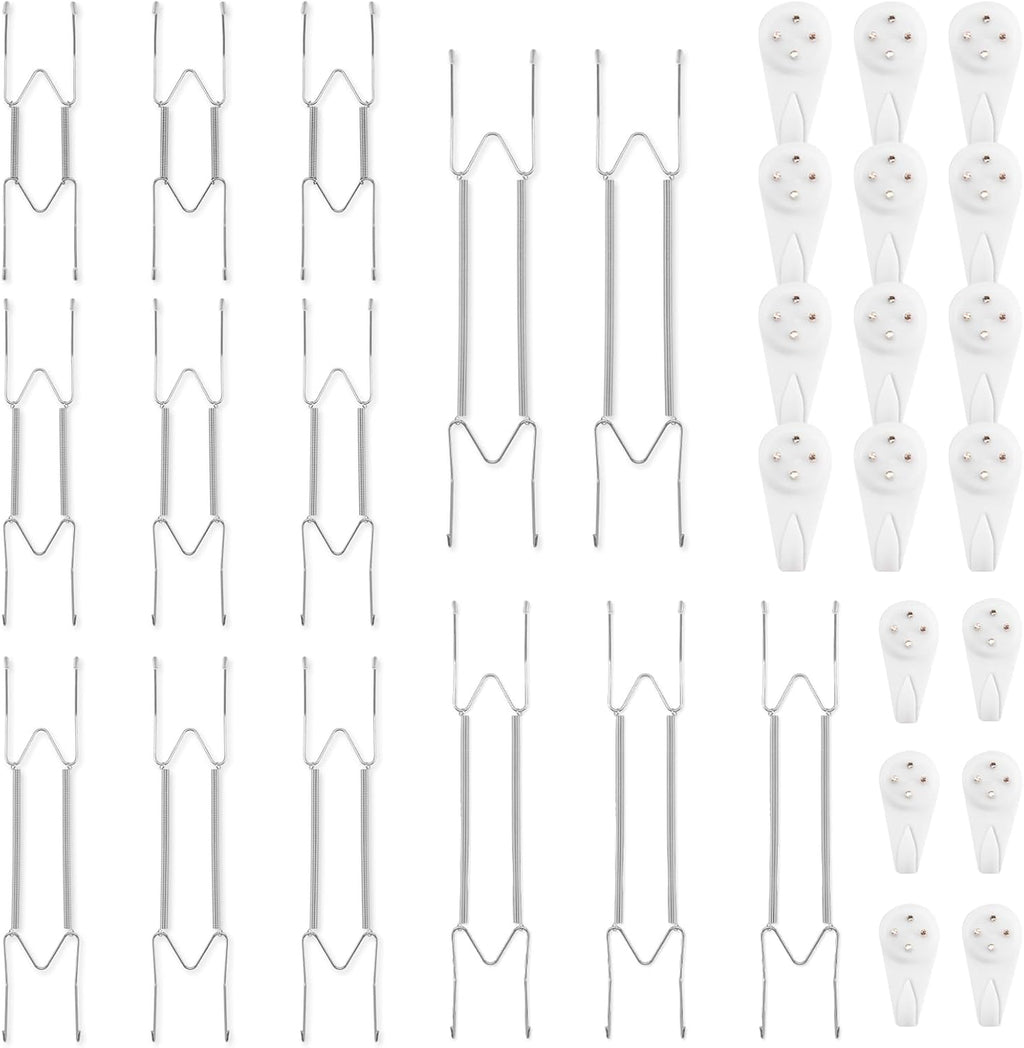 14 Pcs Plate Hangers for Wall - 8/10/12/14/16 Inch Invisible Plates Hanger, Stainless Steel Plate Holders with 14 Pieces Wall Hooks for 7.5 to 19.5 Inch Decorative Plates and Arts (Silver)