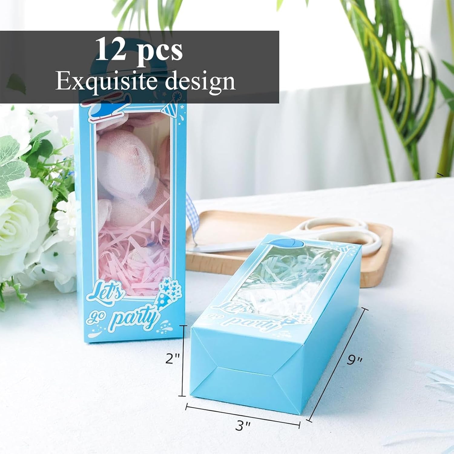 12PCS Party Favor Boxes,3" X 2" X 9" Blue Doll Gift Boxes with Window Handle for Boys Birthday Bridal Shower Party