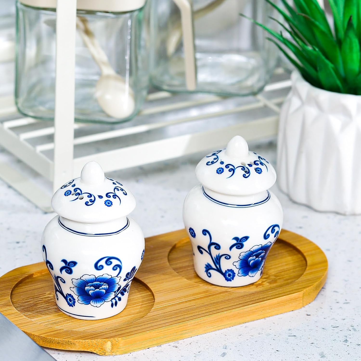 2 Pack Chinoiserie Salt and Pepper Shakers Vintage 3 Inch Mini Blue and White Ginger Jar for Kitchen Restaurant Gifts Decoration
