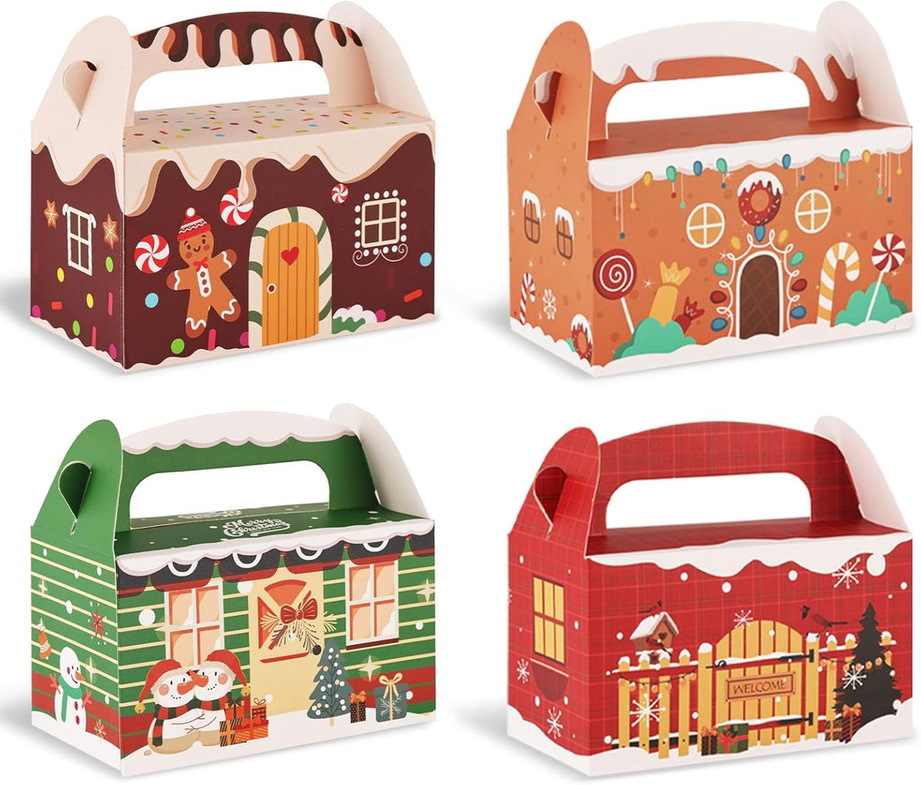 16PCS Christmas Treat Boxes, 3D Xmas Gift Boxes with Vibrant Print Cardboard Colorful Goodie Boxes with Handles for Gift Giving Christmas Holiday 6.1 X 3.4 X 3.5 Inch