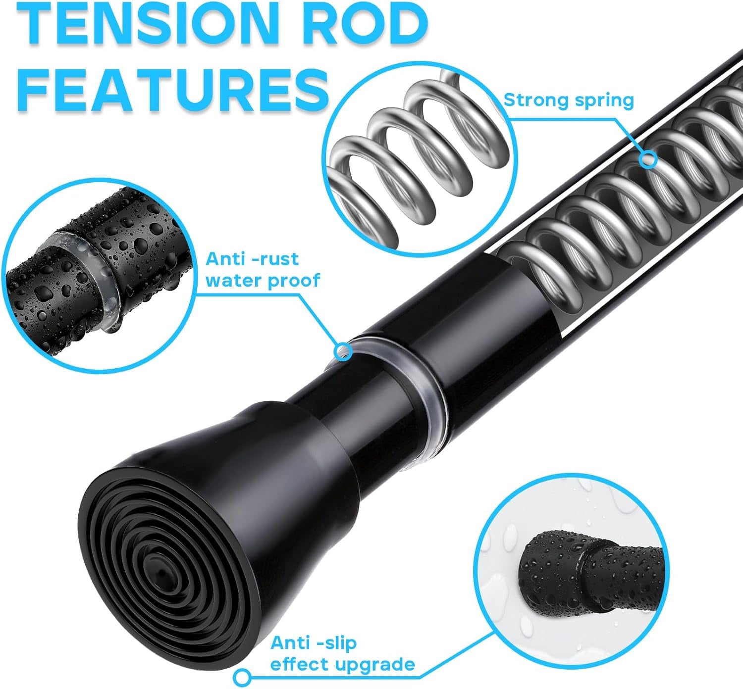 2 Pack Black Shower Curtain Rod 16 to 26 Inch Tension Shower Rod for Bathroom 7/8" Adjustable Spring Curtain Rod No Drilling Spring Rod Black Tension Curtain Rods for Windows Doorway Closet