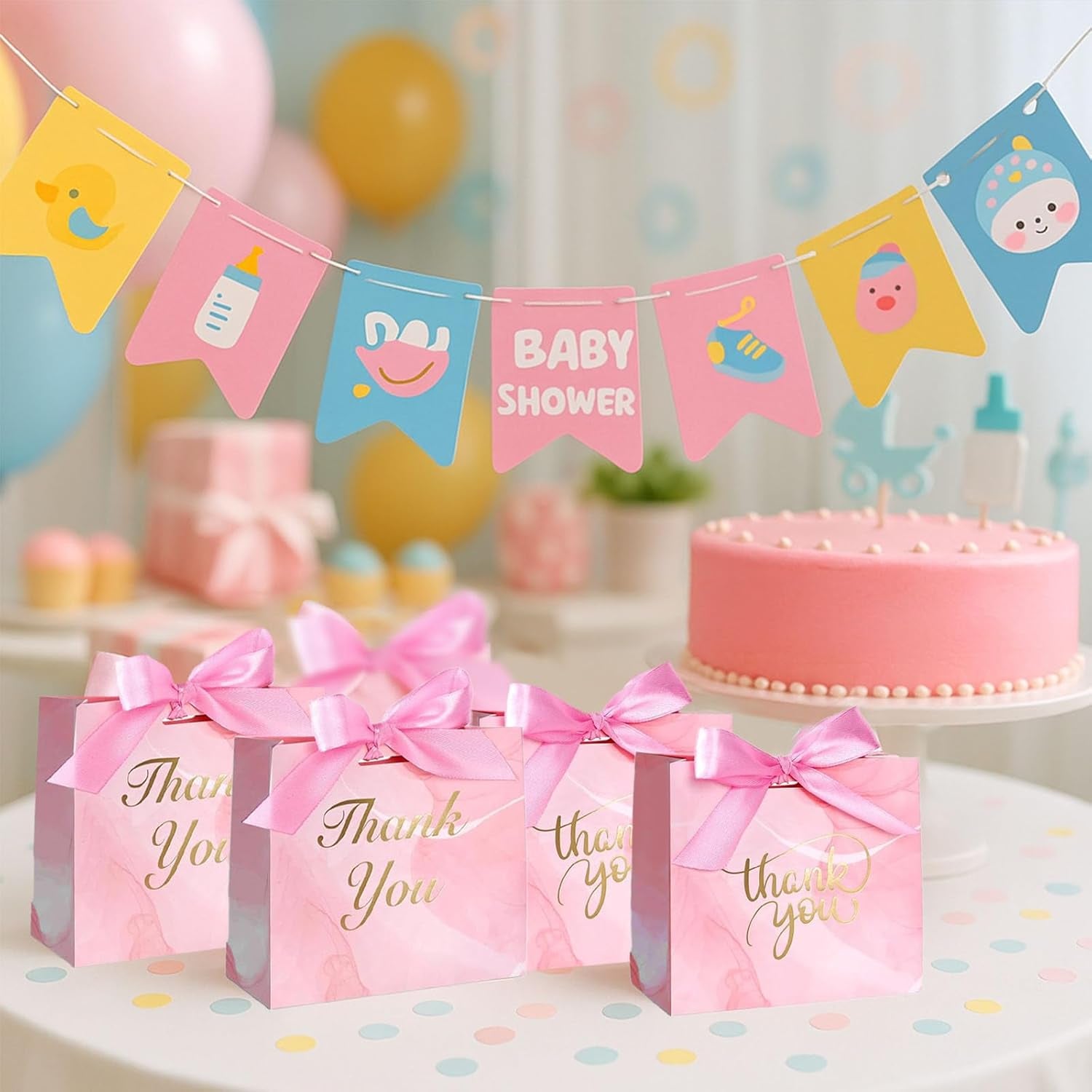 24PCS Thank You Gift Bags, 4.5X3.9X1.8Inches Mini Party Favor Bags Pink Treat Boxes with Bow Ribbon for Wedding Bridal Baby Shower Birthday Party