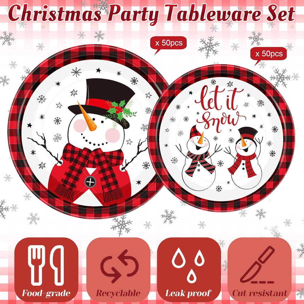 100 Pack Christmas Paper Plates 9" & 7" Snowman Winter Gingham Disposable Dessert Plates for Holiday Xmas Party Supplies(Round,Black and White)