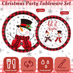 100 Pack Christmas Paper Plates 9" & 7" Snowman Winter Gingham Disposable Dessert Plates for Holiday Xmas Party Supplies(Round,Black and White)