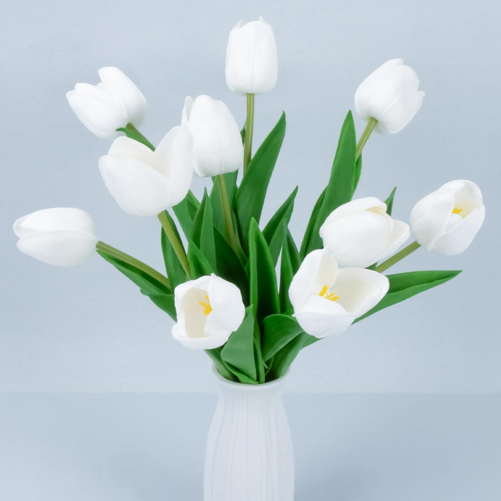 10 White Tulips Artificial Flowers - Real Touch Fake Tulips, Realistic Faux Plastic Flowers Bouquet for Home Dining Table Decoration