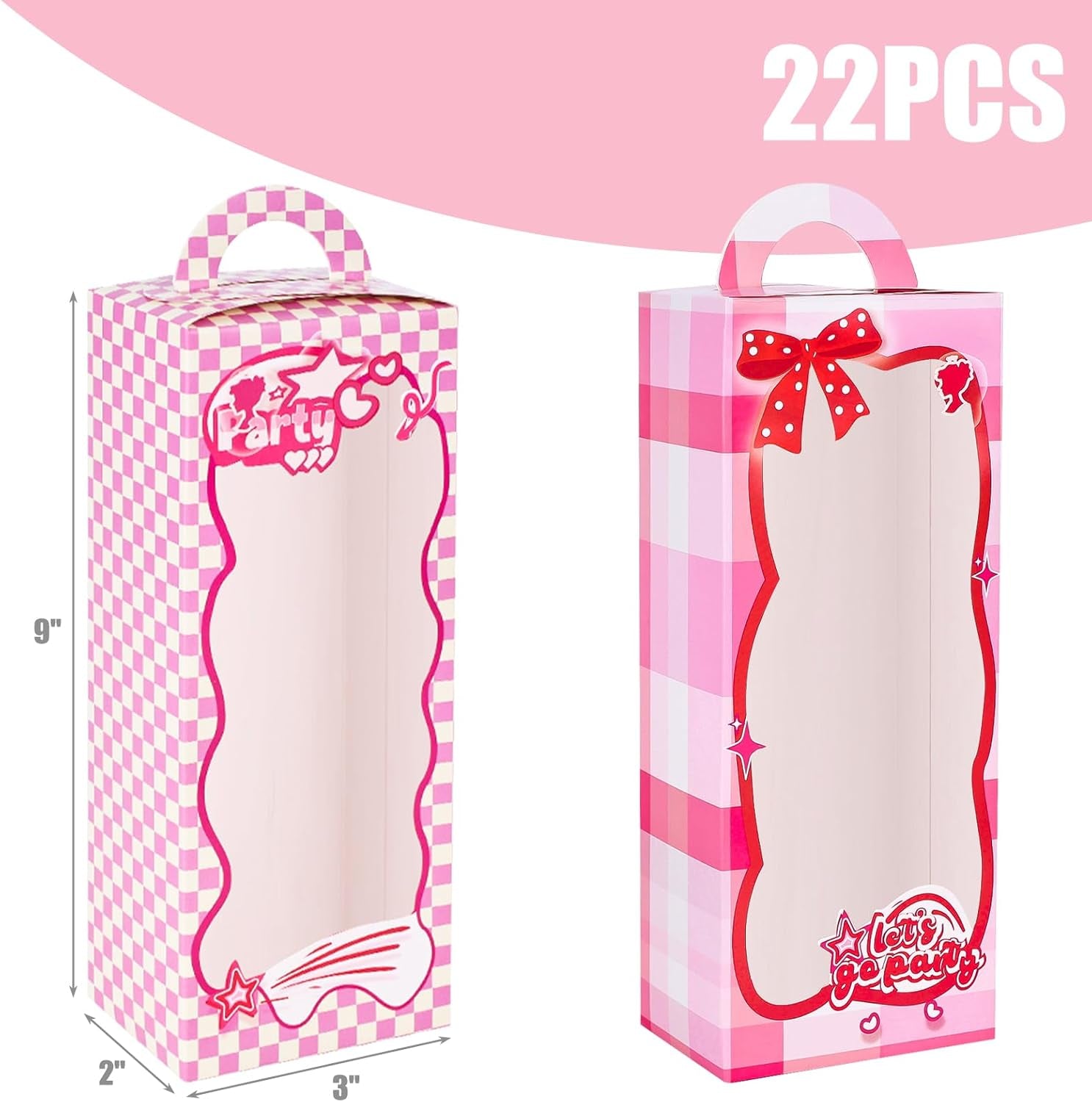 22PCS Gift Boxes,3X2X9 Inches Party Favor Boxes with Window, Pink Gift Wrapping with Handle for Girls Snacks, Candy, Toys,Birthday Themed Party