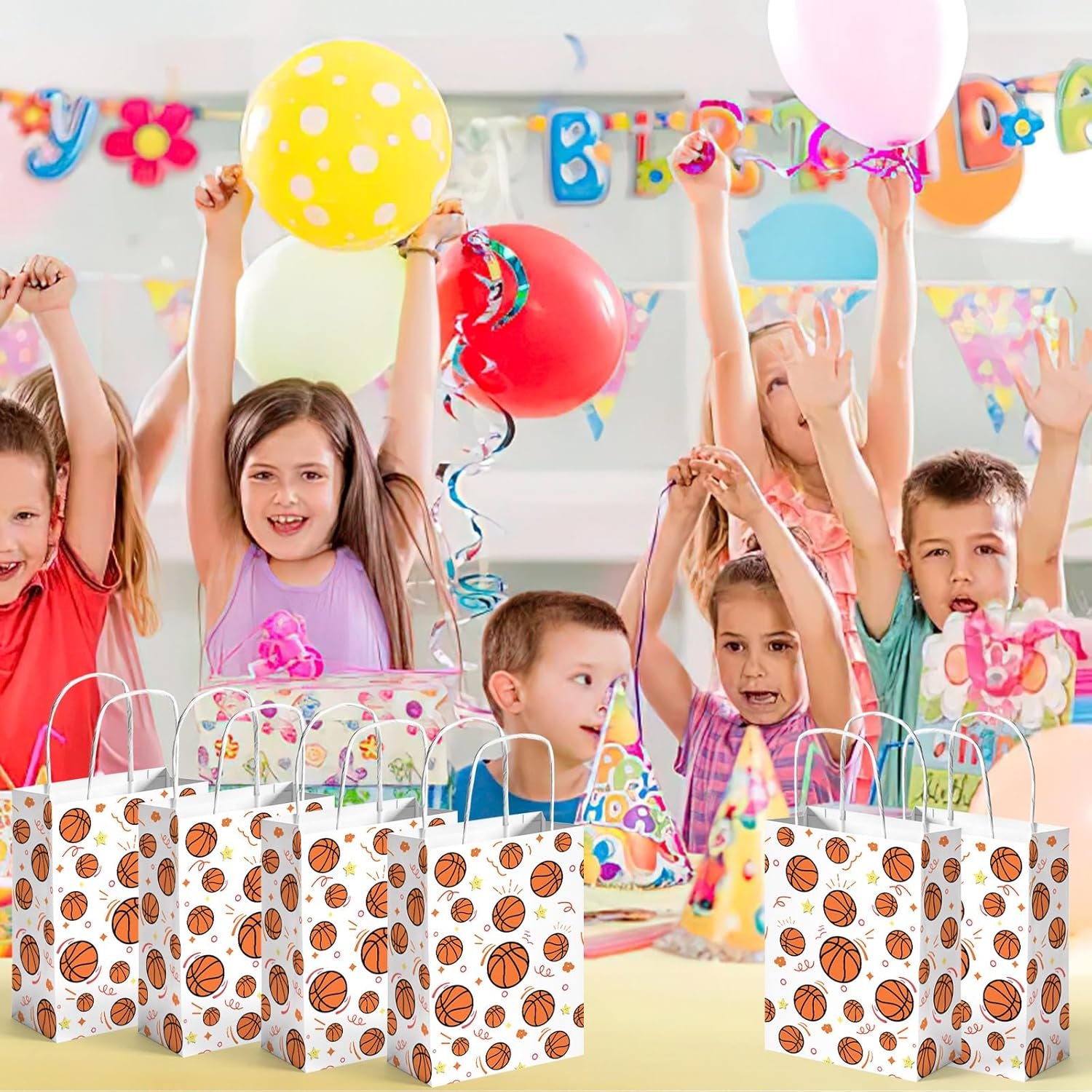 24 Pack Gift Bags, 5.5" X 2.8" X 8" Basketball Party Favor Bags with Handles for Sports Themed Party Girls Boys Birthday Decoration