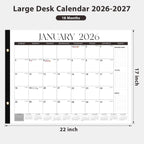2026 Desk Calendar, Large Desk Calendar 22" X 17" (Jan 2026 - Jun 2027) Monthly Desktop Wall Planner for Family Teacher School Office Supplies, Black-White