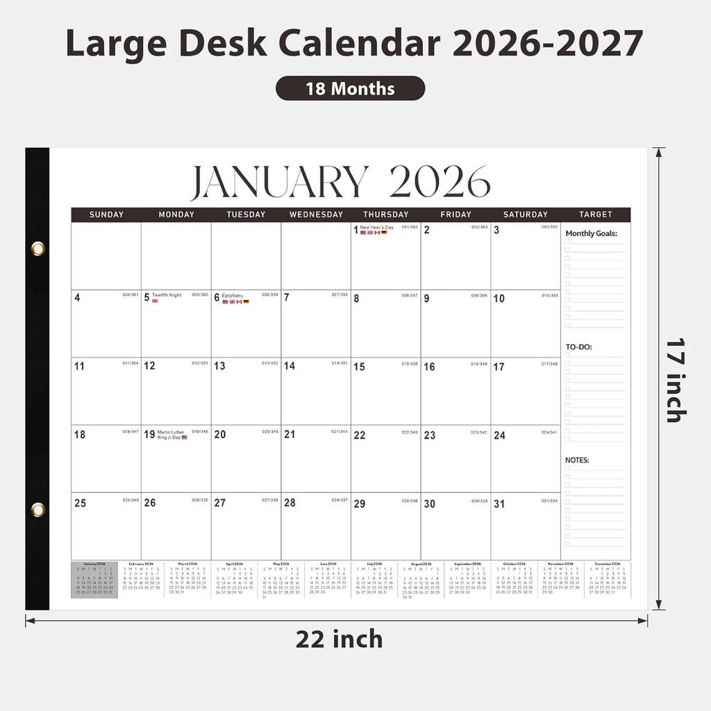 2026 Desk Calendar, Large Desk Calendar 22" X 17" (Jan 2026 - Jun 2027) Monthly Desktop Wall Planner for Family Teacher School Office Supplies, Black-White