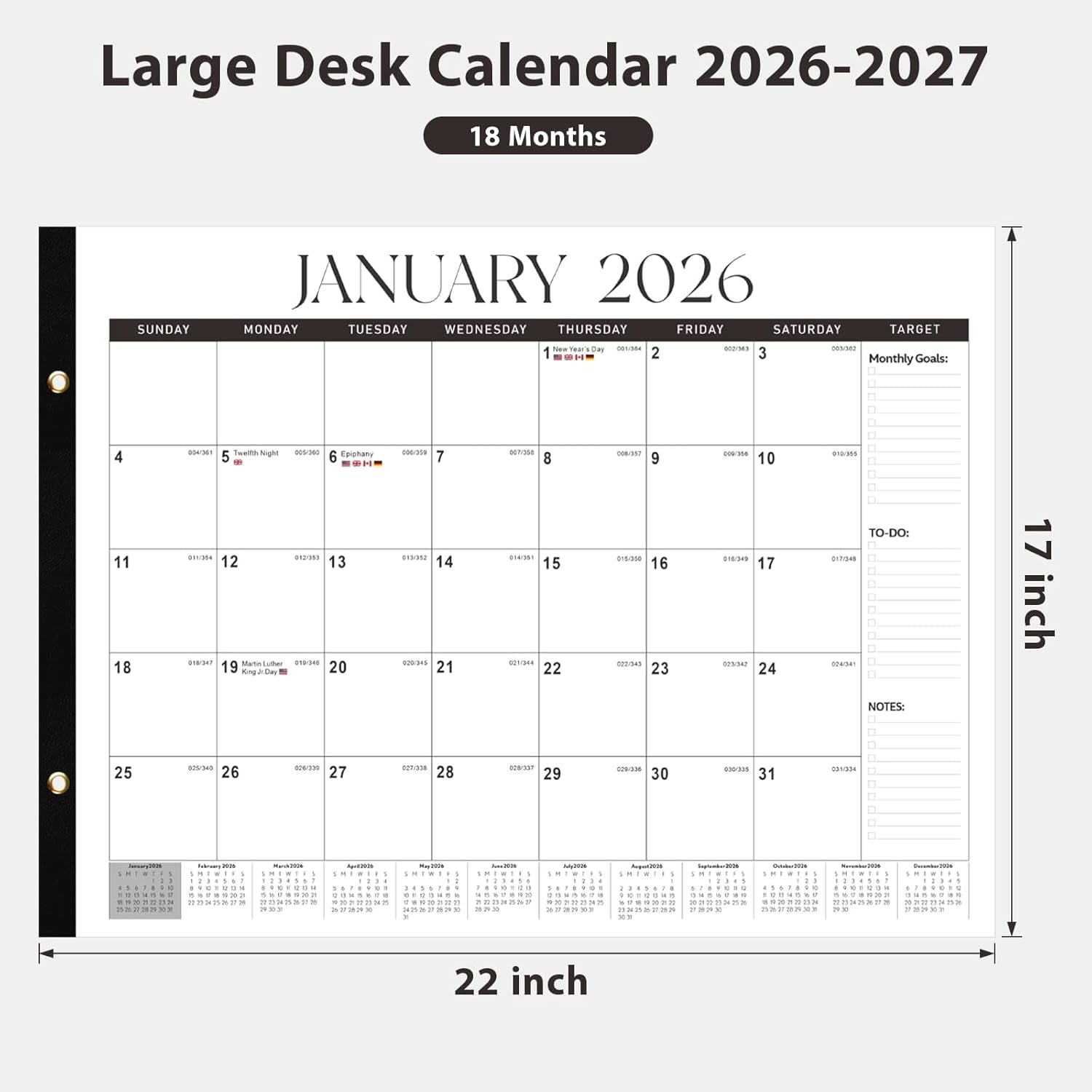 2026 Desk Calendar, Large Desk Calendar 22" X 17" (Jan 2026 - Jun 2027) Monthly Desktop Wall Planner for Family Teacher School Office Supplies, Black-White