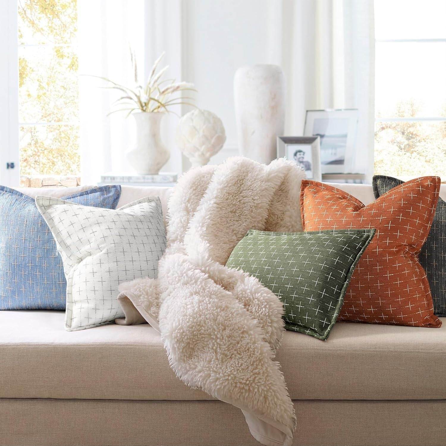 12X20 Pillow Covers Set of 2 Soft Polyester Textured Pillow Covers with Stylish Flange Edge Cozy Farmhouse Throw Pillows for Couch Bed Sofa Living Room