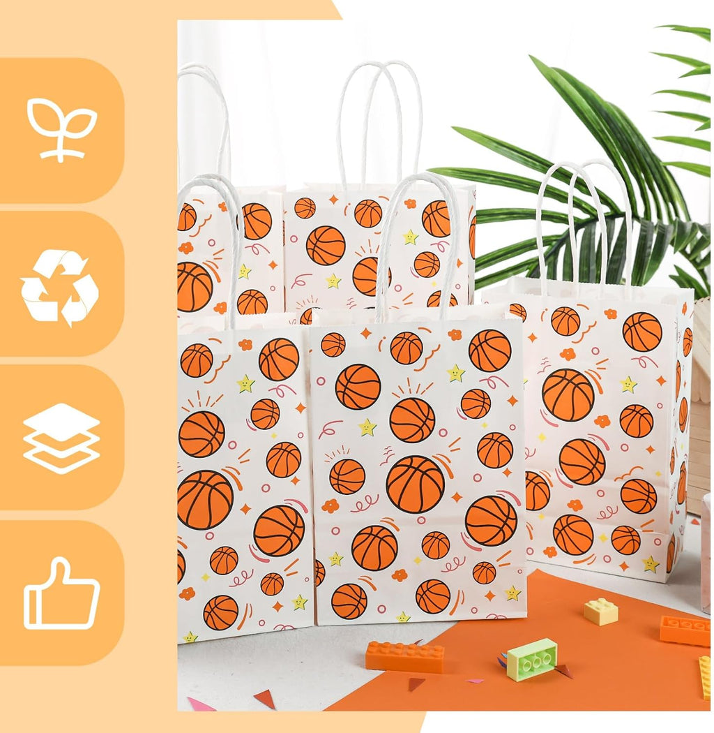 24 Pack Gift Bags, 5.5" X 2.8" X 8" Basketball Party Favor Bags with Handles for Sports Themed Party Girls Boys Birthday Decoration