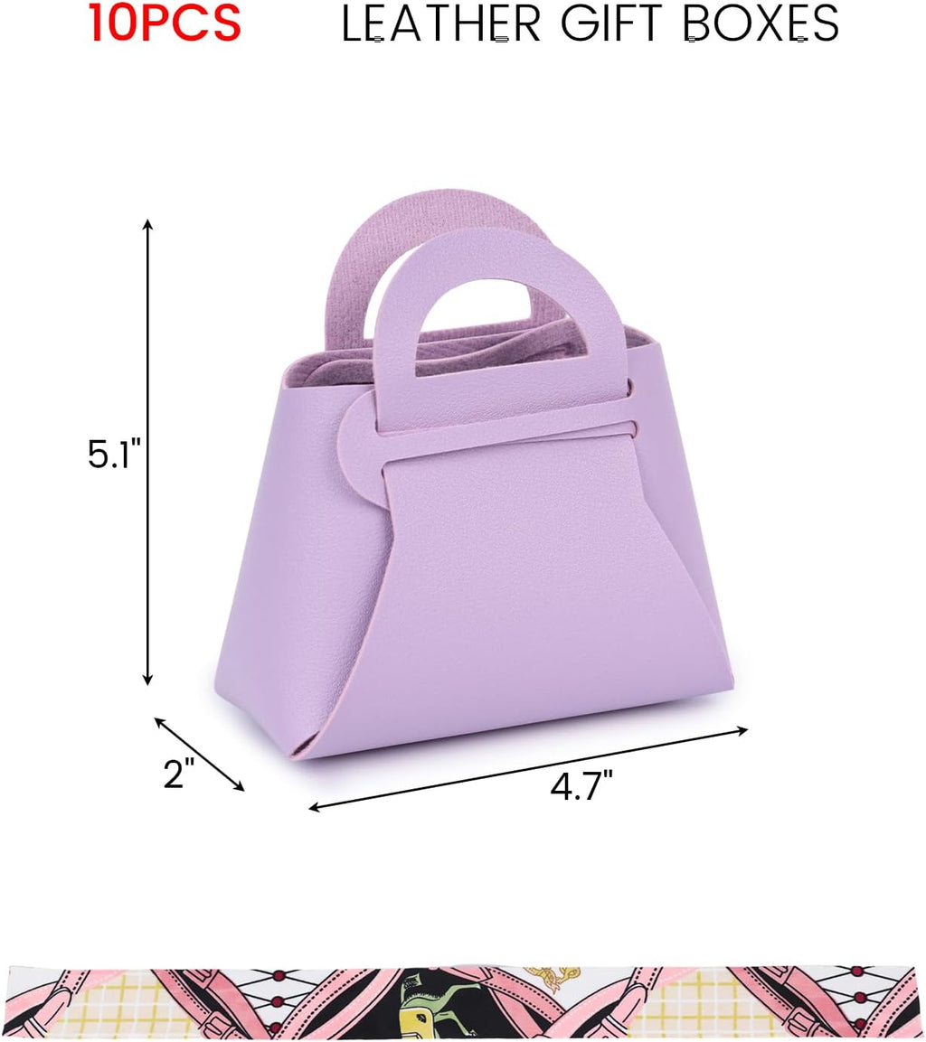 10PCS Mini Gift Boxes, Purple PU Leather Party Favor Bags with Handle for Wedding Bridal Shower Birthday Party Decoration, 4.7"X2"X5.1"