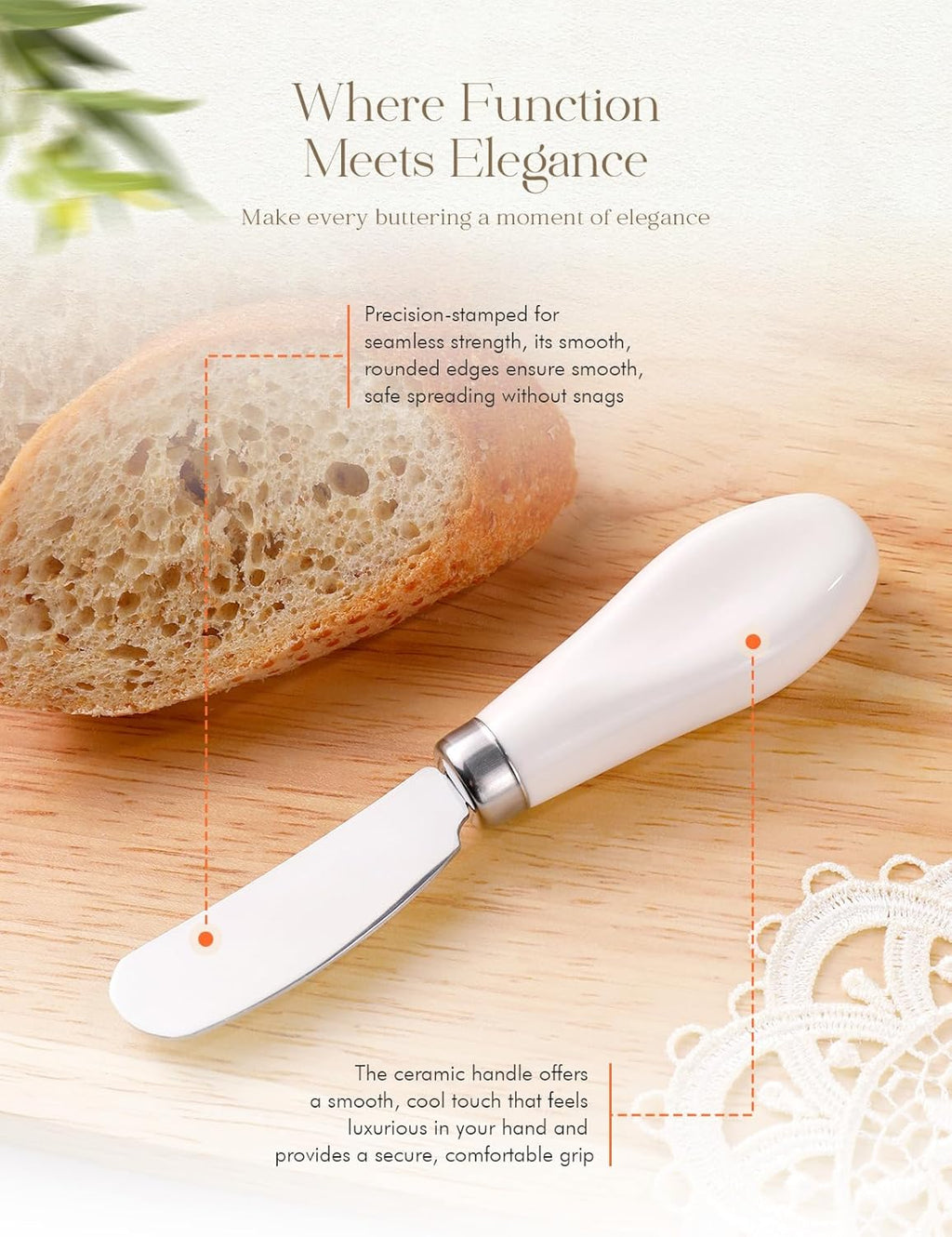 2 Pack Stainless Steel Butter Spreader Knife, Butter Knife with White Porcelain Handle, Cheese Butter Spreader Knives for Kitchen