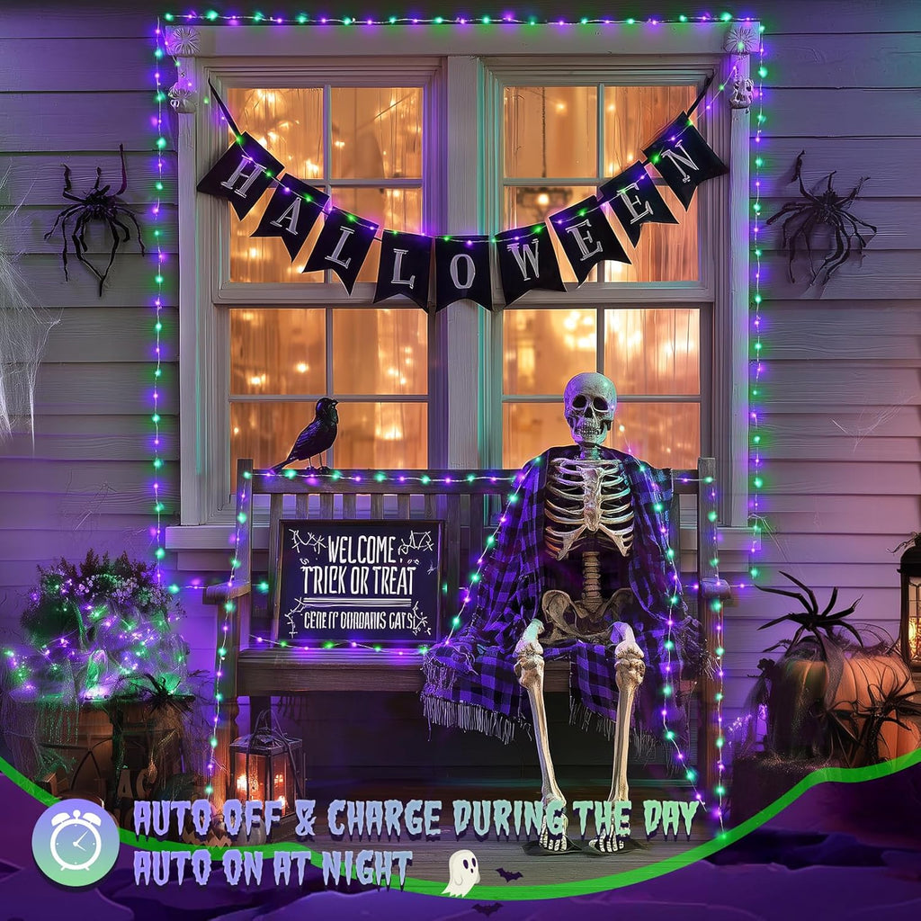 2 Pack Purple and Green Halloween Lights, Each 33FT 100 LED Solar Halloween Lights Outdoor, Waterproof Solar Fairy Light for outside Patio Yard Tree Decorations