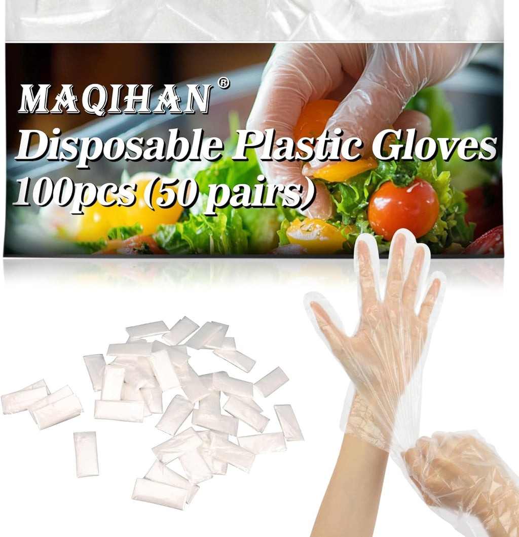 100Pcs(50Paris) Plastic Gloves Disposable - Plastic Food Safe Handling Food Prep Service Gloves Clear Food Handler Cooking Serving Kitchen Restaurant Hair Dye Individual Packaged