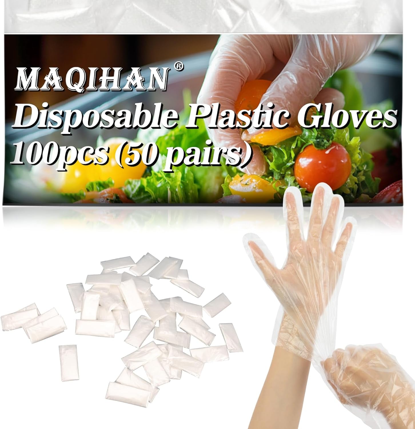 100Pcs(50Paris) Plastic Gloves Disposable - Plastic Food Safe Handling Food Prep Service Gloves Clear Food Handler Cooking Serving Kitchen Restaurant Hair Dye Individual Packaged
