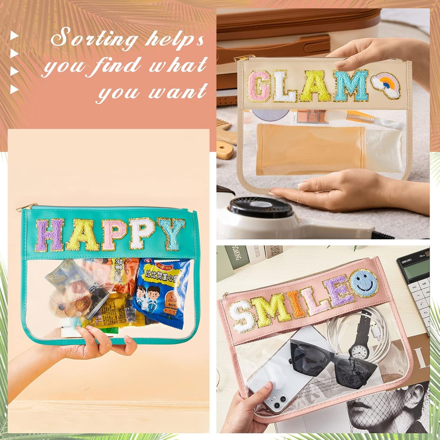 3 Pcs Chenille Letter Zipper Pouch for Travel Clear Snack Bags Waterproof Cosmetic Pouch Nylon Gym Beach Multipurpose Makeup Bag for Women Girl(Happy, Glam, Smile,Bright Color)