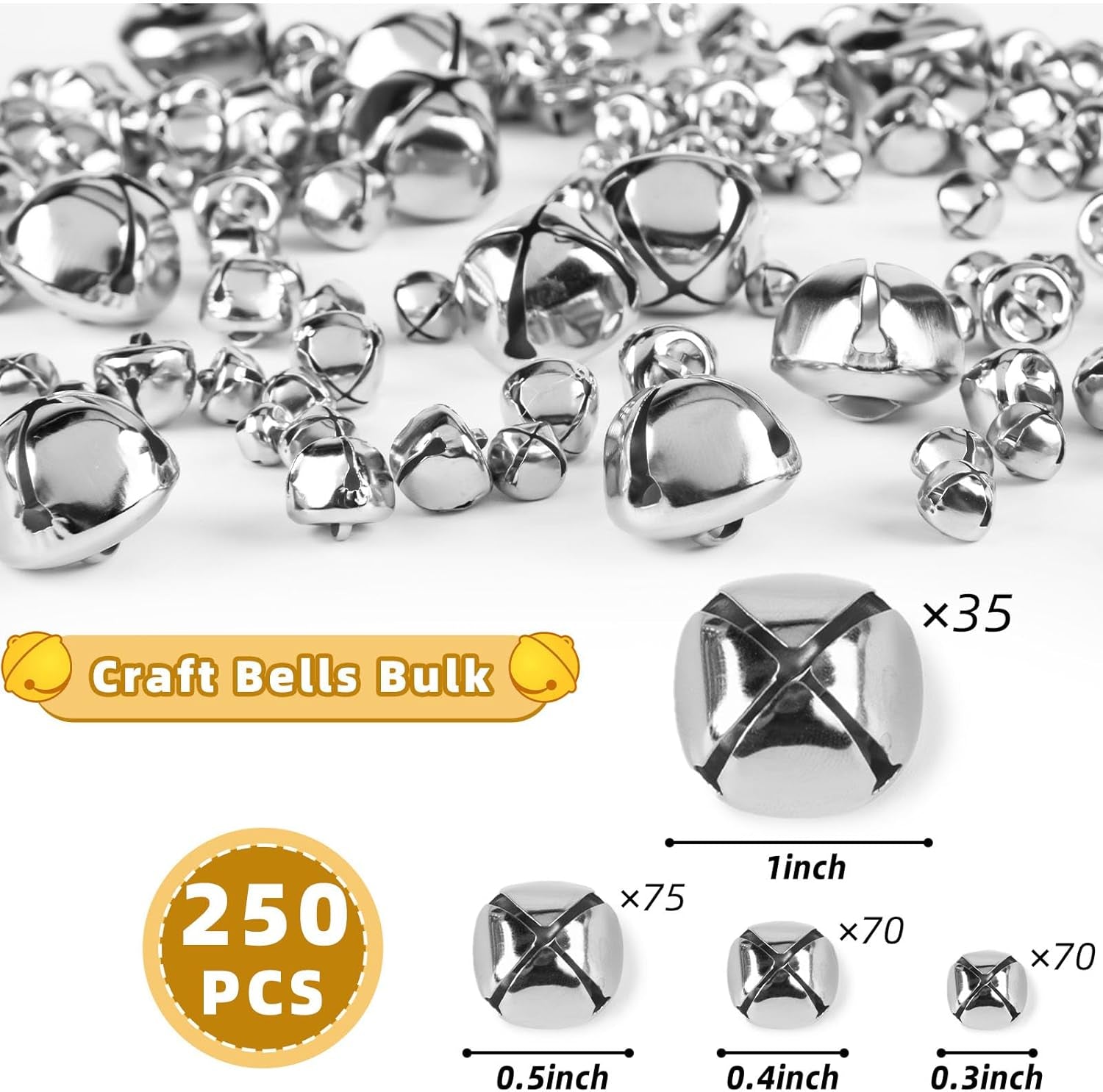 250PCS Jingle Bells Bulk, Assorted Sizes Craft Bells for Crafts DIY Projects Home Decor, Silver
