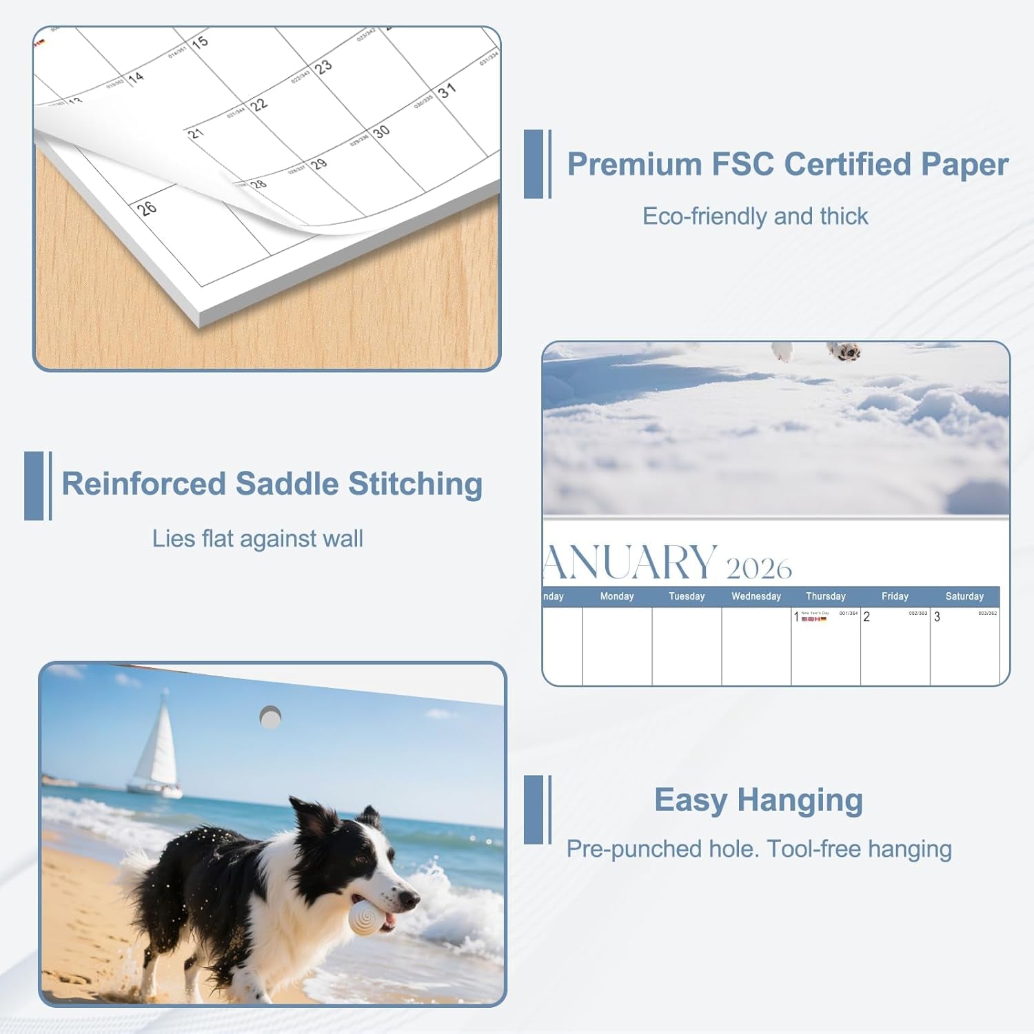 2026 Wall Calendar, Calendar 2026, Border Collies Monthly Wall Calendar (Jan 2026 - Dec 2026) 12" X 24" Opened, Hanging Calendar Thick Paper for Family Adults Kids Office Home
