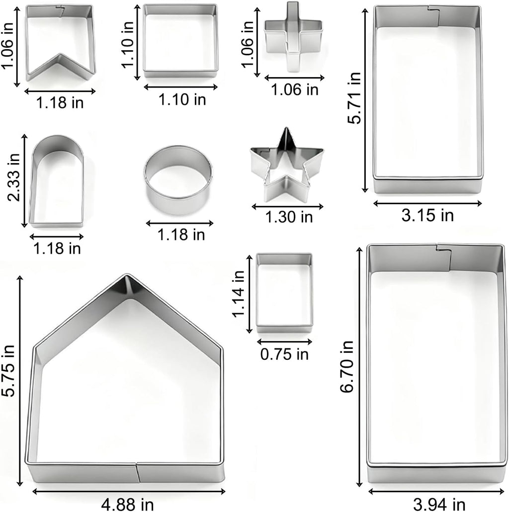 10Pcs Gingerbread House Cookie Cutters Set for Christmas Winter Holiday Baking and Decoration, Stainless Steel 3D Gingerbread House Kit for Kids Adults, Gift Package