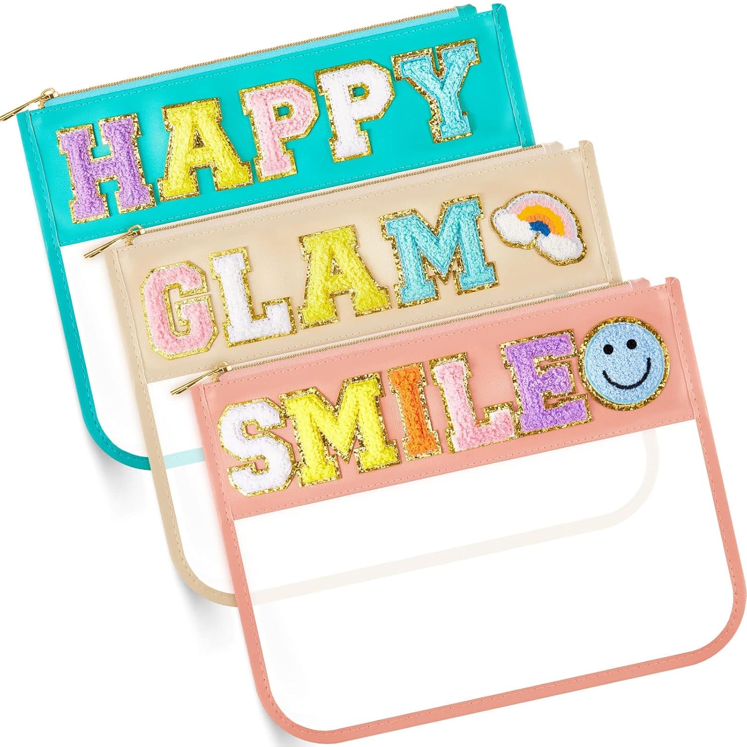 3 Pcs Chenille Letter Zipper Pouch for Travel Clear Snack Bags Waterproof Cosmetic Pouch Nylon Gym Beach Multipurpose Makeup Bag for Women Girl(Happy, Glam, Smile,Bright Color)